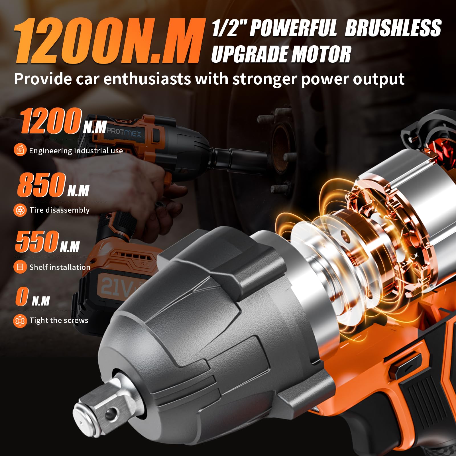 Protmex Clé à Chocs Sans Fil Brushless, Couple Maximal 1200 Nm, 1/2" avec Deux Batteries 4,0 Ah, Clé à Chocs Électrique 21V pour Voiture Familiale/Camionnette/Tondeuse | Couple Maximal 1200 Nm, Clé à Chocs Électrique 21V pour Voiture Familiale/Camionnette