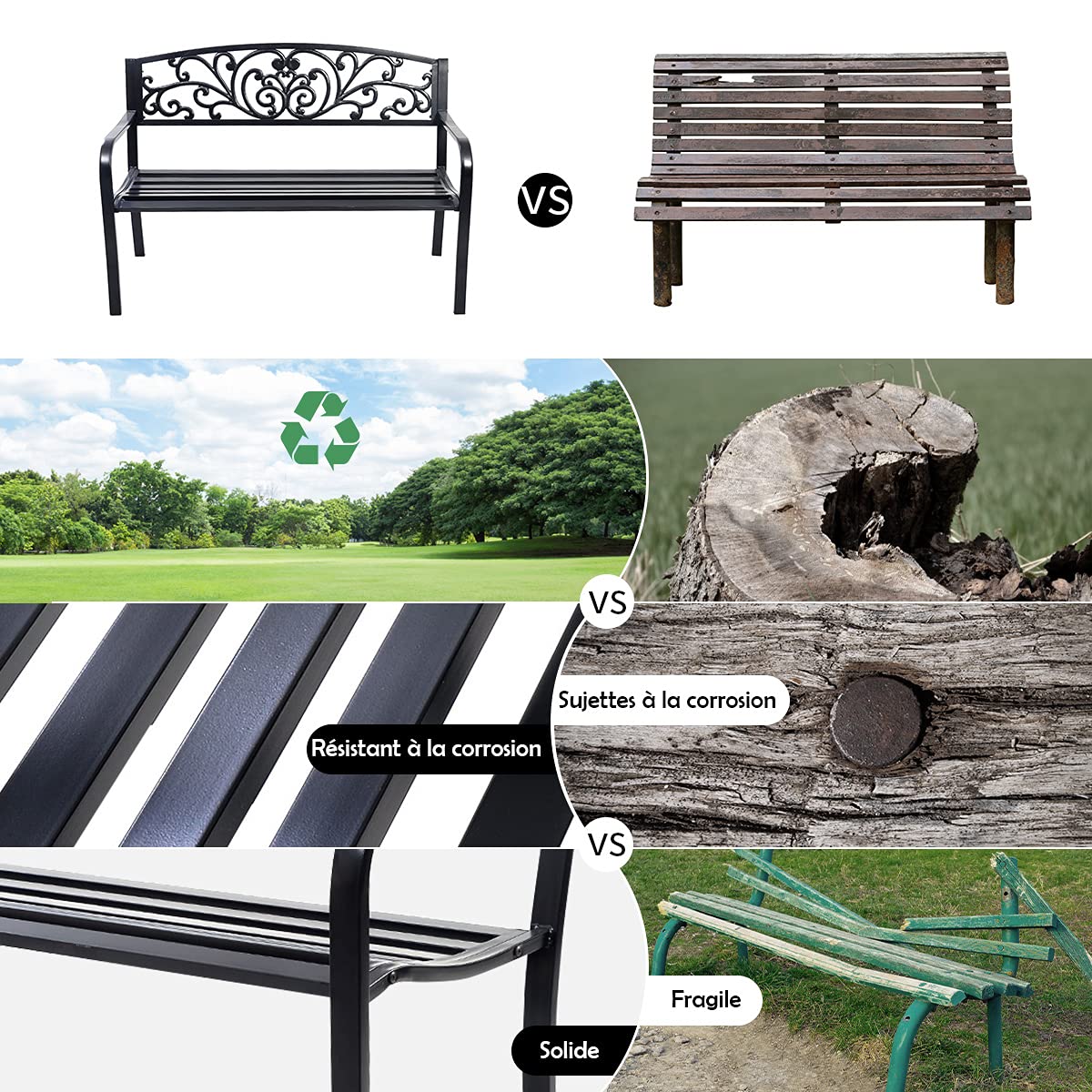 GOPLUS Banc Exterieur Jardin, 126 x 60 x 85CM, Banquette Exterieur avec Dossier en Fer, Style Elégant et Chic, Place Assise pour 2 Personne, Design Ajouré en Papillon, Idéal pour Terrasse, Patio, Noir
