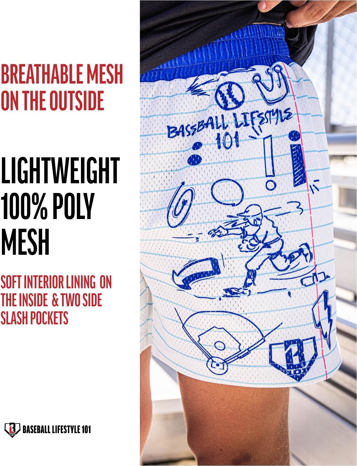Baseball Lifestyle 101 Men's Doodle Mesh Shorts with Side Pockets and Elastic Waist, 5 inch Inseam, Adult Sizes S-XL