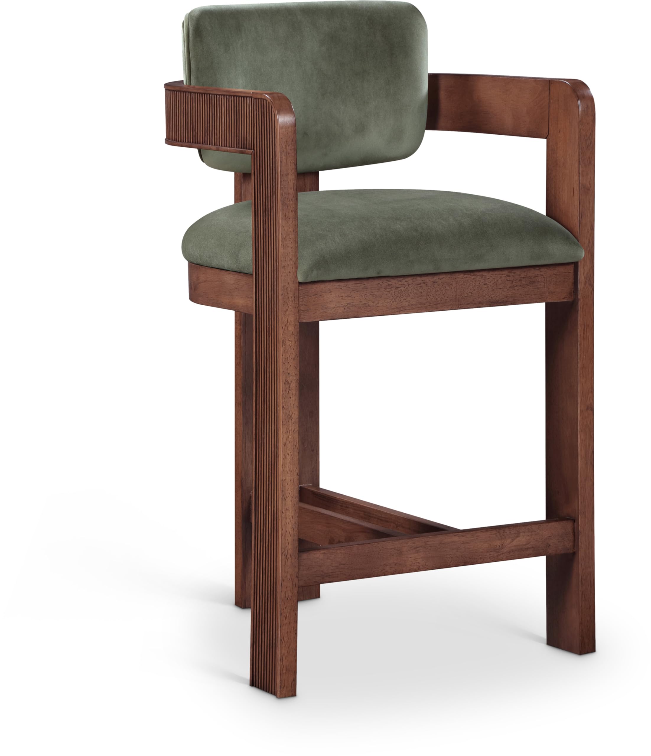 Meridian Furniture 11079Green-C Sacha Collection Art Deco Stool with Ultra Luxe Green Velvet, 460 GSM Velvet, Solid Wood Brown Walnut Finish, Fluted