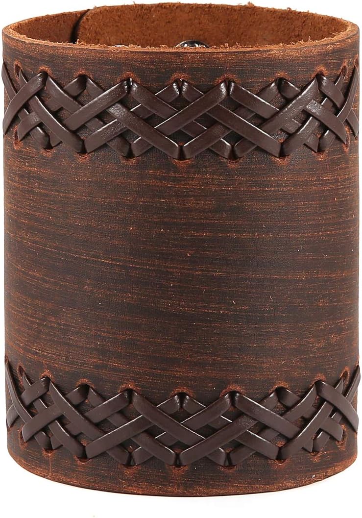 HZMANUnisex Handmade Woven Leather Bracelet Wide Sleeve Wrapped Buckle Adjustable Leather Bracelet