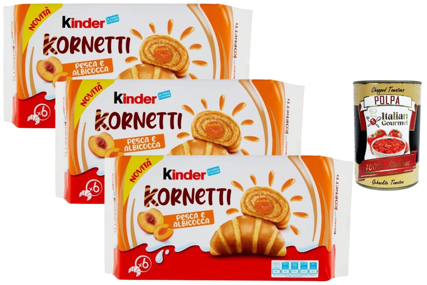 Italian Gourmet - Kinder Kornetti Pêche & Abricot, 3 Paquets (18 Cornetti) Viennoiseries Italiennes Moelleuses pour Petit-Déjeuner & Goûter, Format Familial Import Italie + Italian Gourmet Polpa