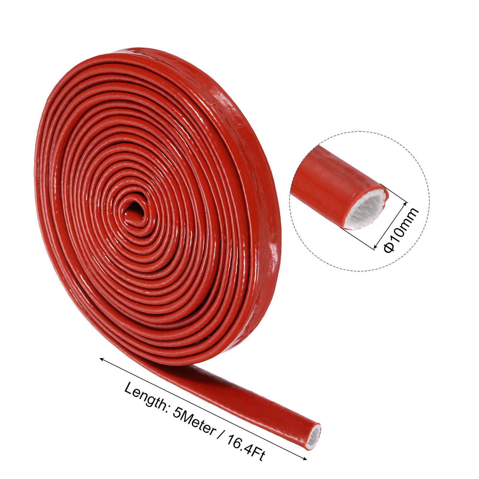 QUARKZMAN Cable Gaine Silicone Rouge 10mm X 5 Mètre Ruban en Fibre de Verre avec Protection Thermique, pour Tuyaux, Câbles et Câblages Électriques Automobiles