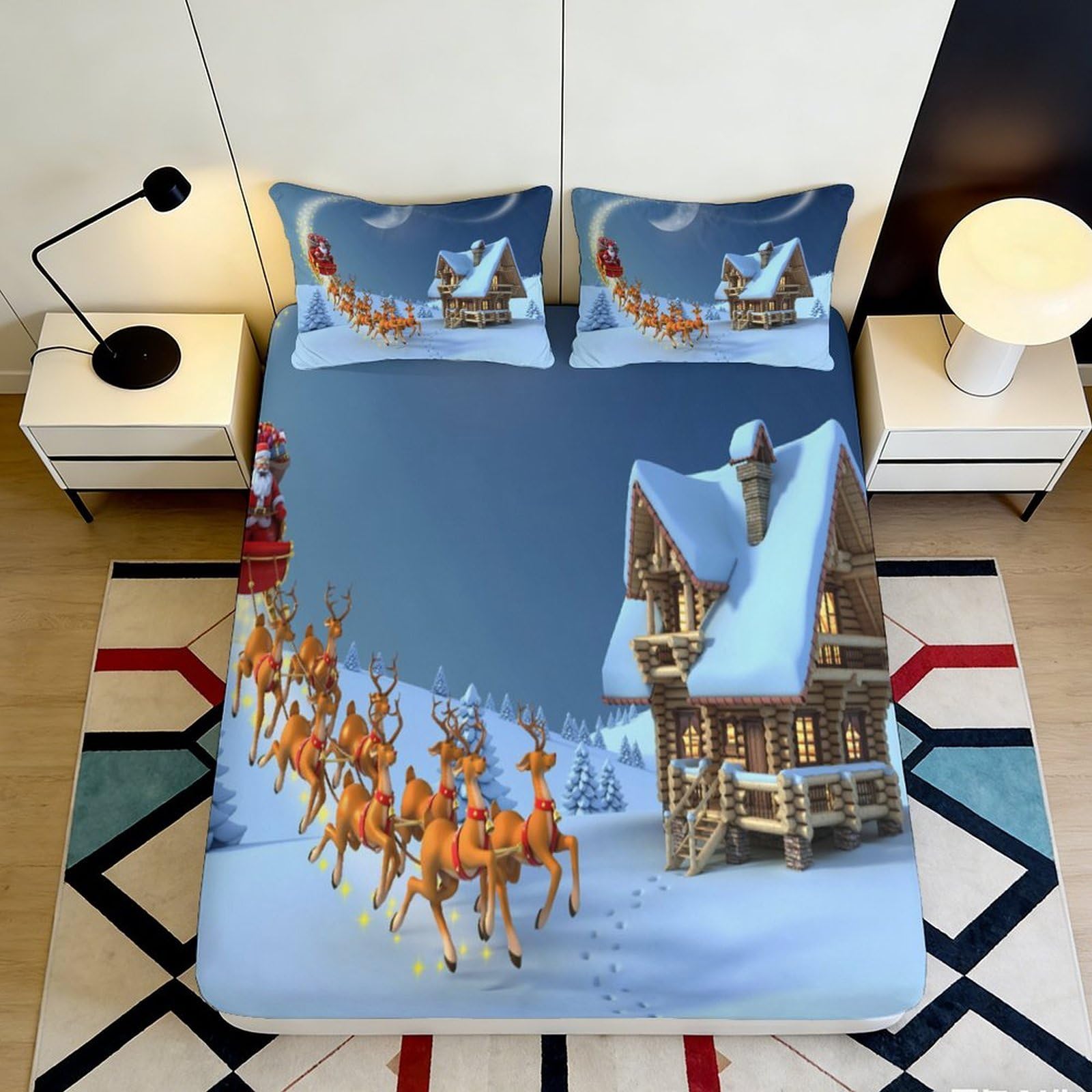 3D Printed Christmas Reindeer Fitted Sheet Microfiber Soft Snow Cabin Bed Cover for Bedroom Dorm Mattress Decor 90x200x25cm