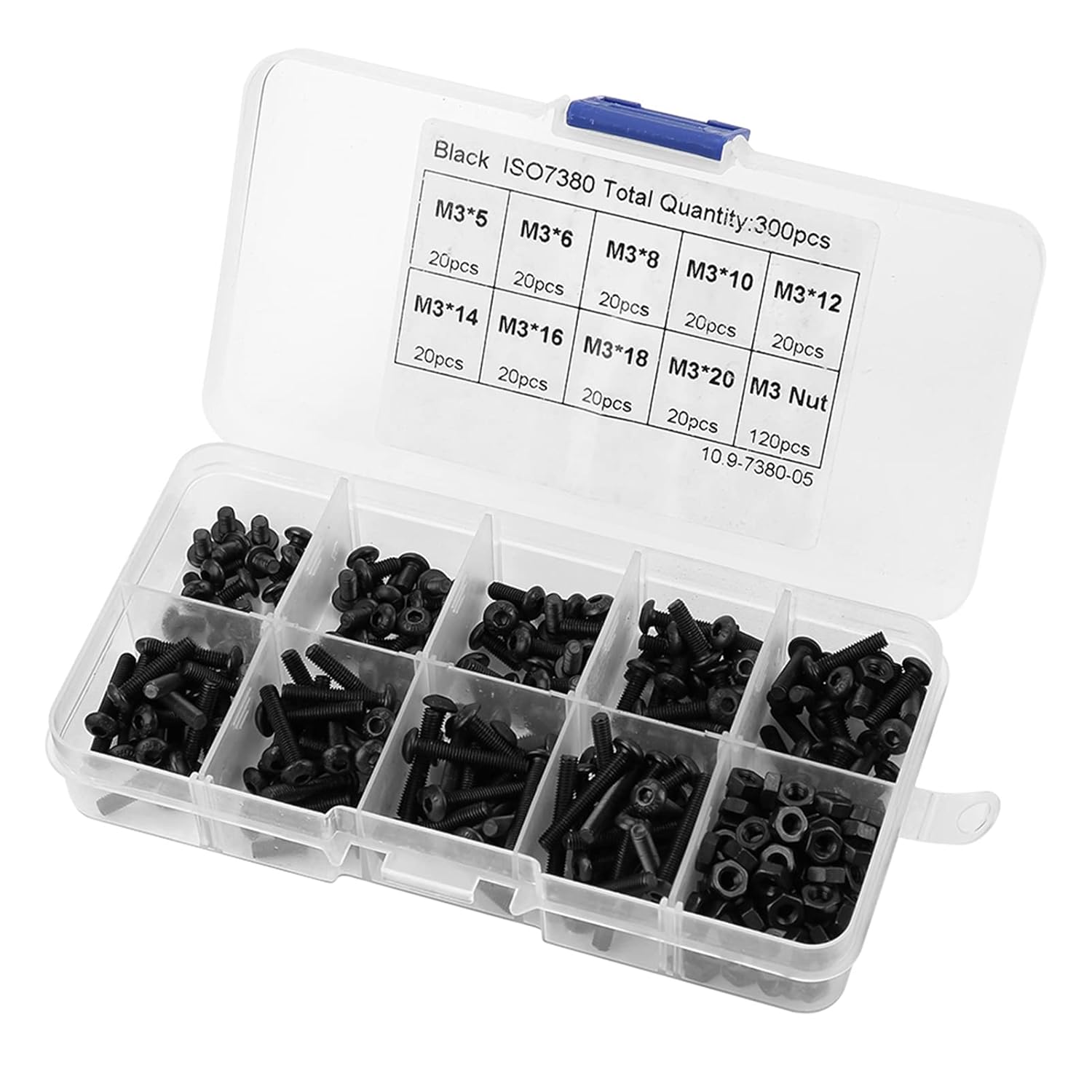 Hex Socket Screws Set, 300pcs M3 Screws and Nuts,10.9 Grade Hex Socket Head Screws Bolts Nuts Assortment Kit with Portable Plastic Case,Black