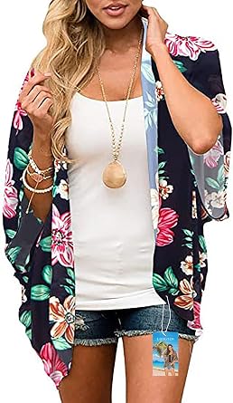 Womens Cover Ups Chiffon Cardigan Floral Kimono Loose Blouse Sun Protection Shirt Beach Rash Guards
