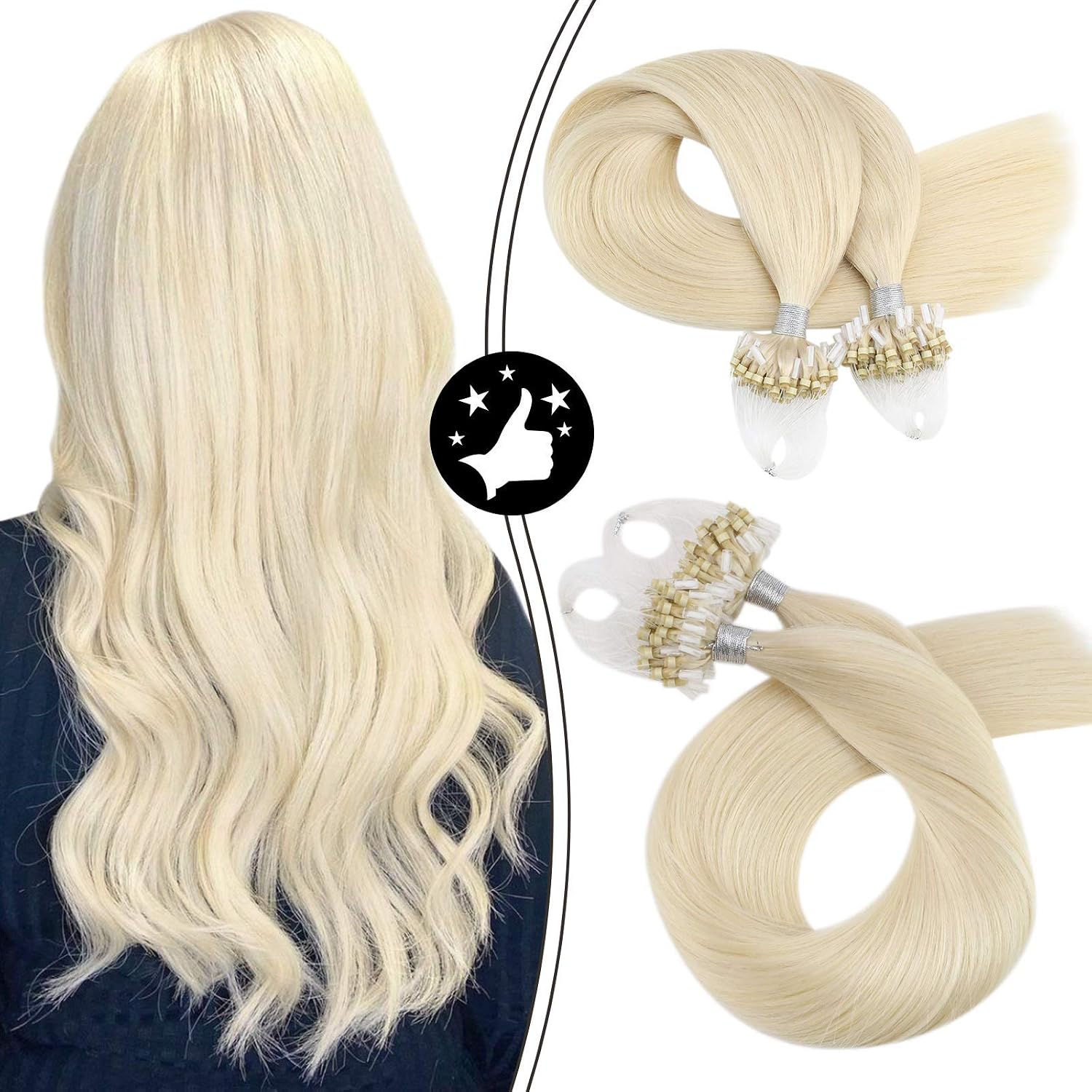 Moresoo Micro Beads Hair Extensions Real Human Hair Blonde Platinum Invisible Micro Loop Hair Extensions Blonde Remy Hair Long 24 Inch for Adding Length Volume Wedding 1g/s 50g/Pack #60