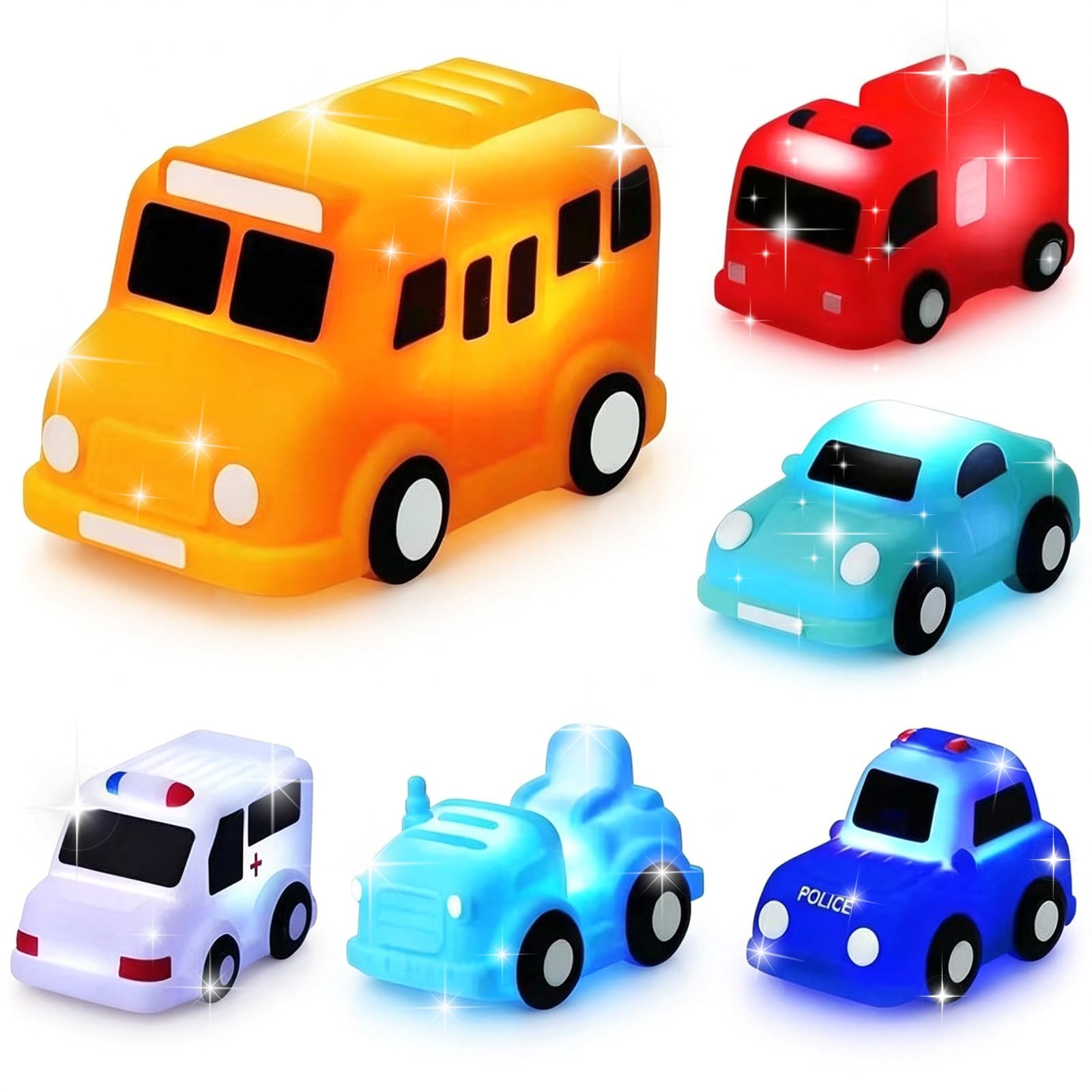 6 Packs Car Light Up Bath Toys for 1 2 Year Old Boys,No Hole No Mould Baby Bath Toys,Water Activated Flashing LED Sensory Toy for 1 2 3 Year Olds
