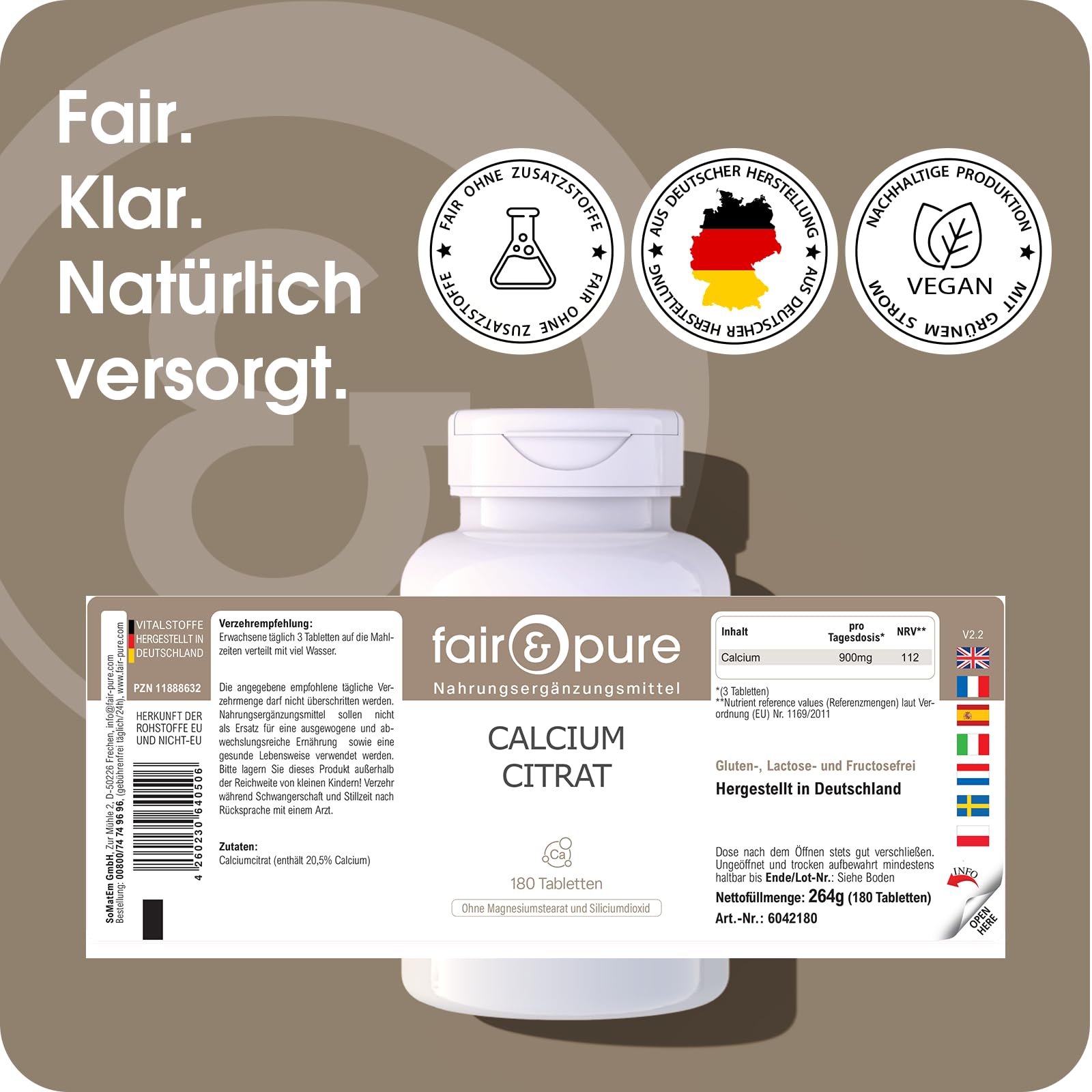 Fair & Pure Calciumcitrat mit 300mg Calcium pro Tablette, 180 Stück, Nahrungsergänzungsmittel vegan ohne Magnesiumstearat, in Deutschland hergestellt