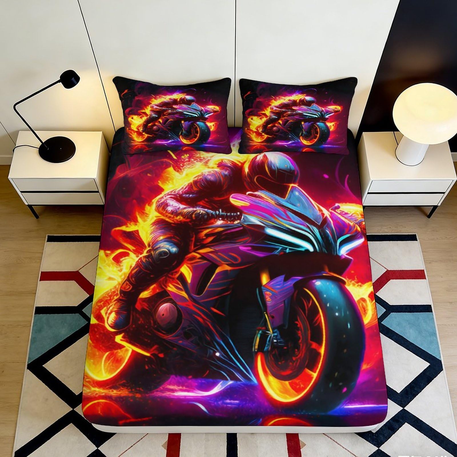 Jqzkxnhpbr Style-3 3D Printed Fire Motorcycle Fitted Sheet Microfiber Soft Bed Cover For Bedroom Decor Dorm Mattress Protection 90X200x25cm