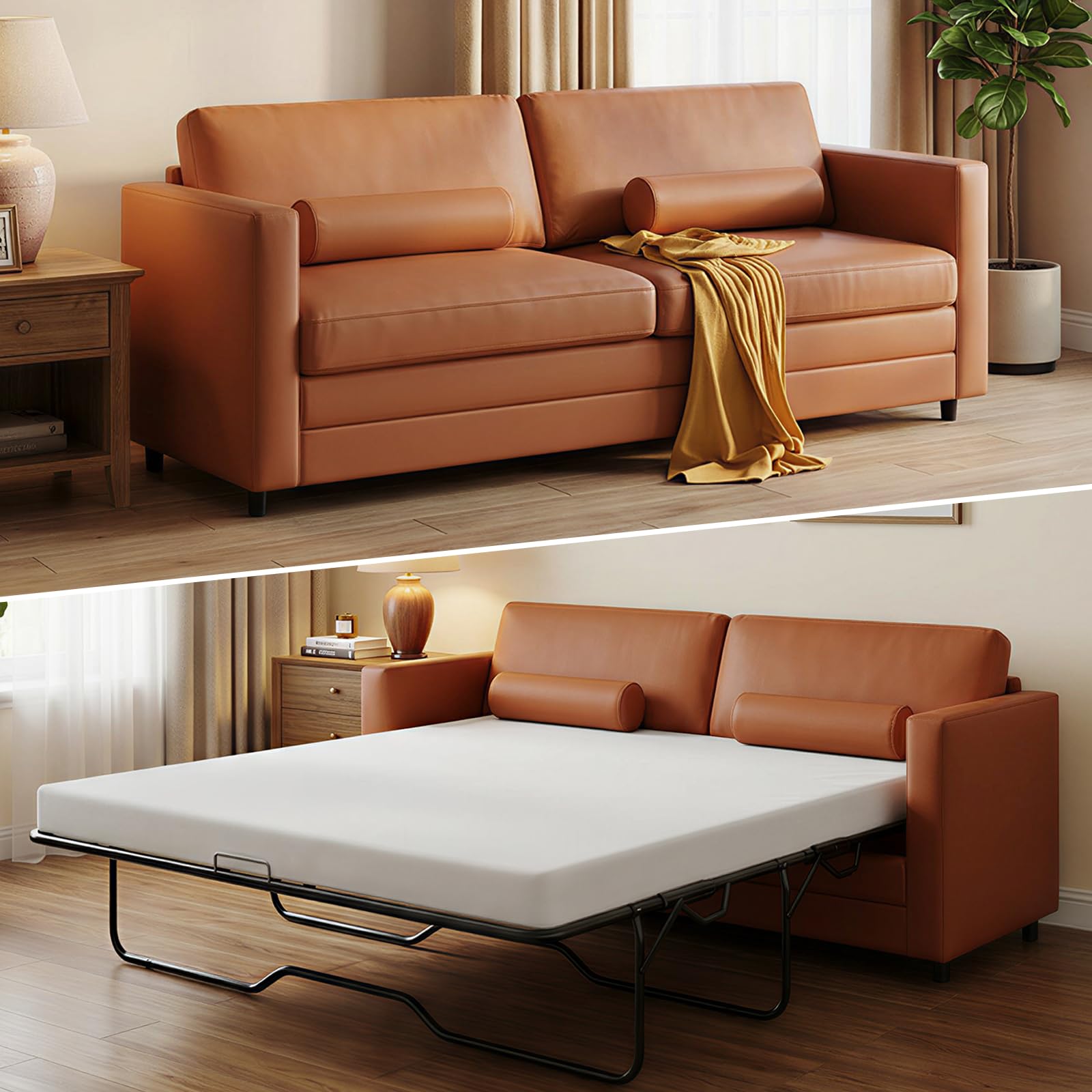 Mjkone 79" W Faux Leather Pull Out Sofa Bed, Queen Size Convertible Sleeper Sofa with 2 Cushions, 2-in-1 Couch Bed with Fold Out Mattress, Loveseat