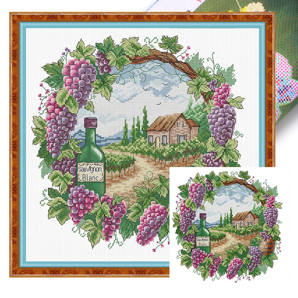 POETRYDRAW Scenery in Flower Wreath Full 14CT DIY Stamped Printed Cross-Stitch Kits 15.75x15.75inch Embroidery Needlepoint Starter Kits for Beginners Adults Home Decor