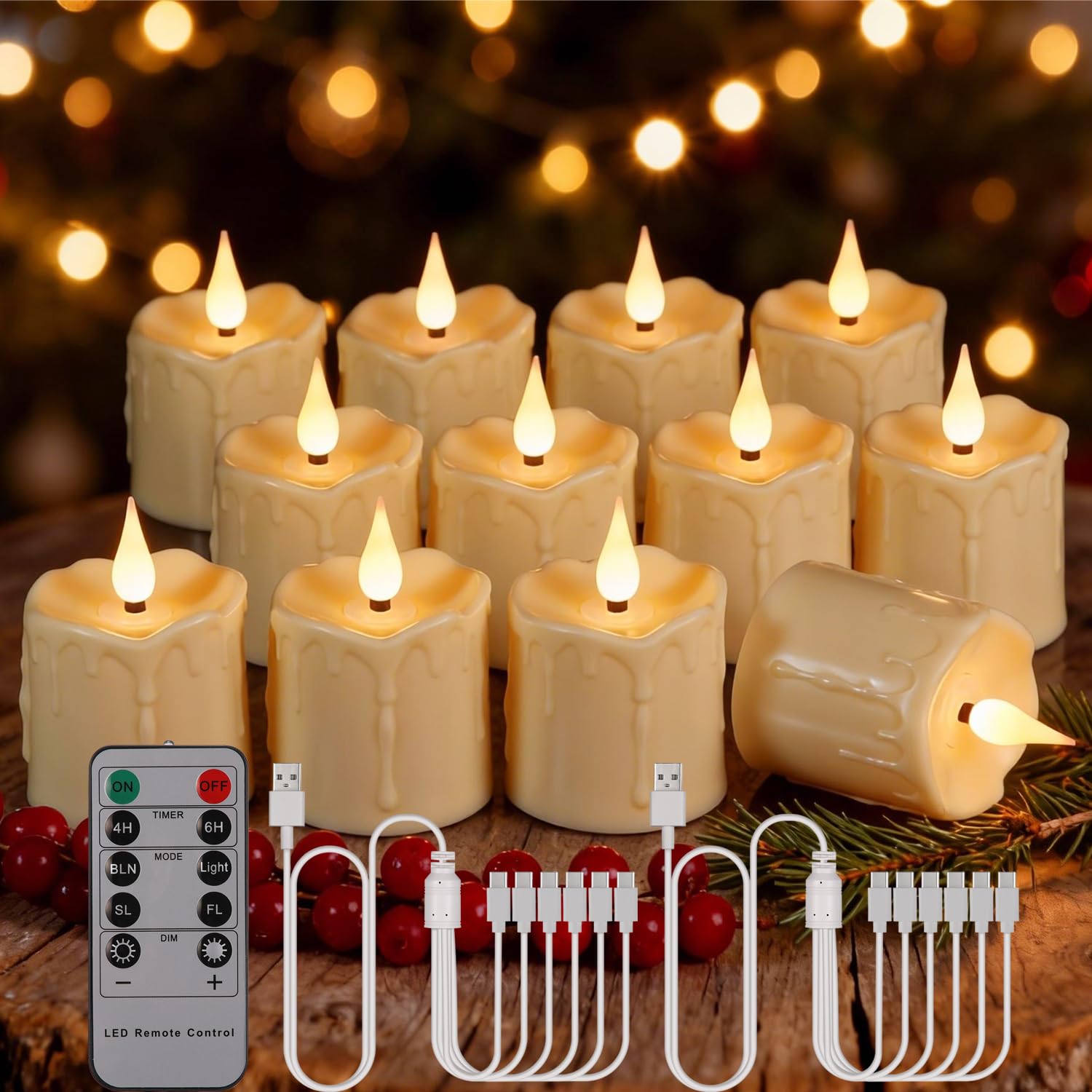 Porashine Wiederaufladbare Teelichter 12 Stück LED Kerzen Flackernd warmweiß/RGB mit Fernbedienung Timer USB Kabel 3D flammenlose für Zuhause Zimmer Tisch Halloween Weihnachtsdeko XL (Drop-warmweiß)