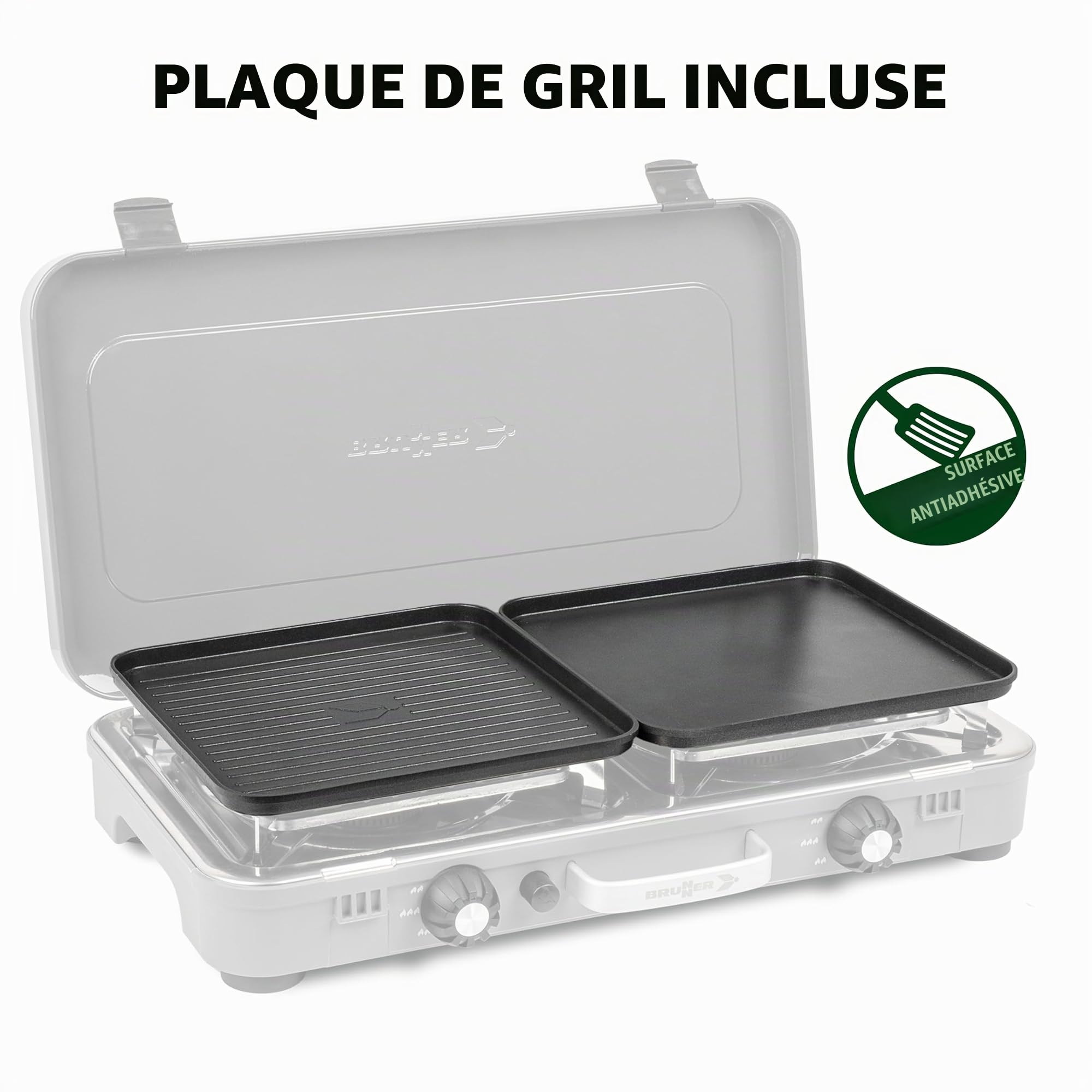 Brunner Cuisinière à gaz DEVIL KOOKMASTER GP - Double brûleur de 2,4 kW, allumage piézoélectrique, couvercle et poignée de transport, avec plaque lisse/rayée, 30mbar - Parfait pour la cuisine