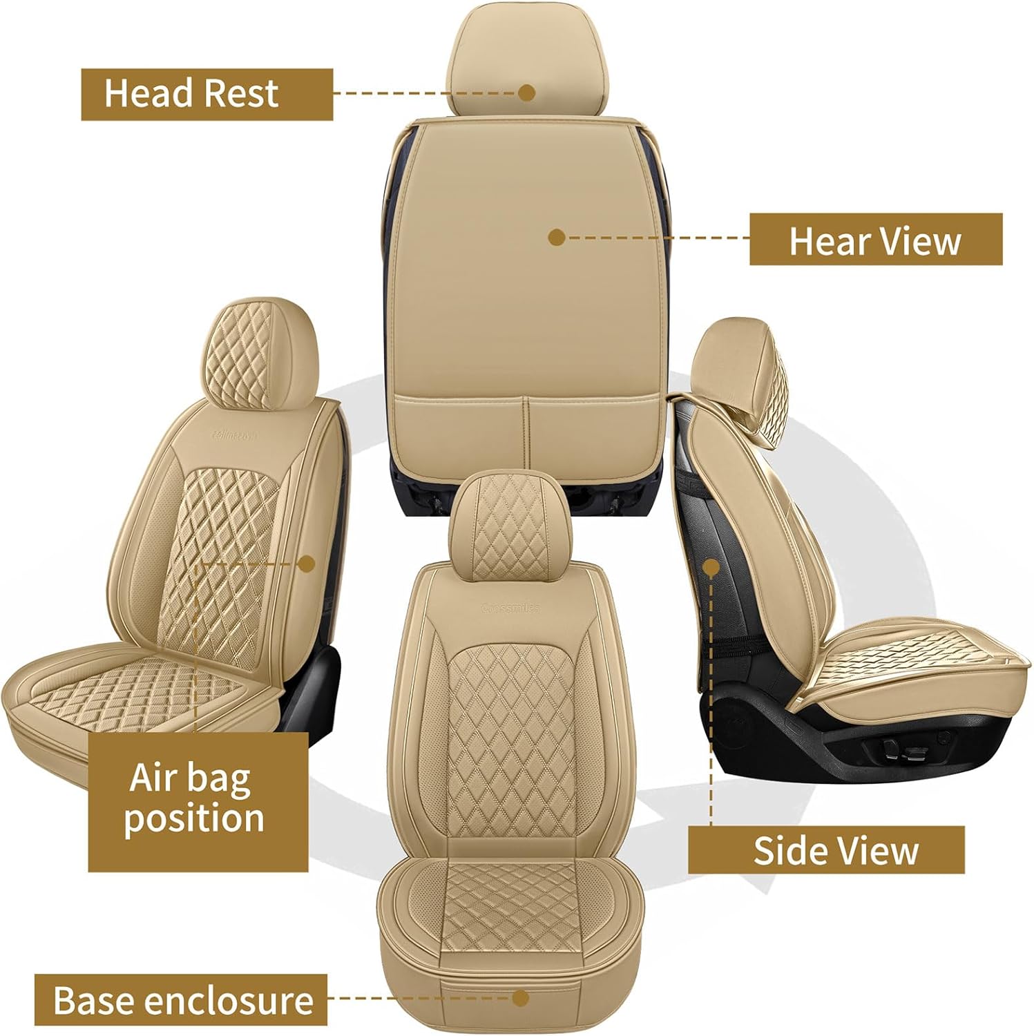 Car Leather Seat Cover，Protector Seat Waterproof Automotive Seat Covers Full Sets Super Breathable Universal Fit Cover for Most Car Fount and Back，（Beige-Diamond，5pcs）