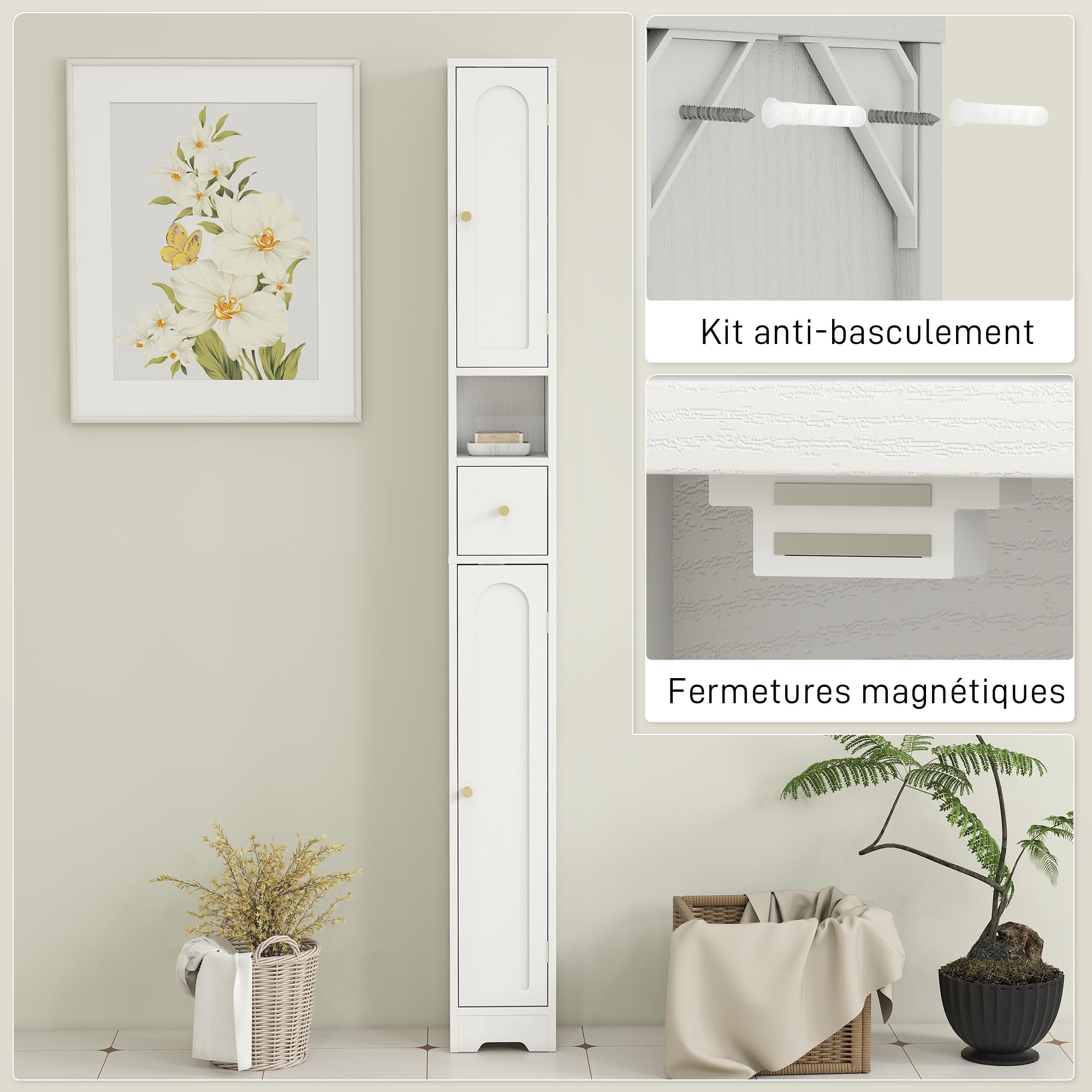 HOMCOM Mobiletto alto da bagno sottile moderno 20x20x185cm Bianco | Armadietto da bagno, ante arcuate, ripiano aperto, armadietto stretto, ripiani regolabili, a terra