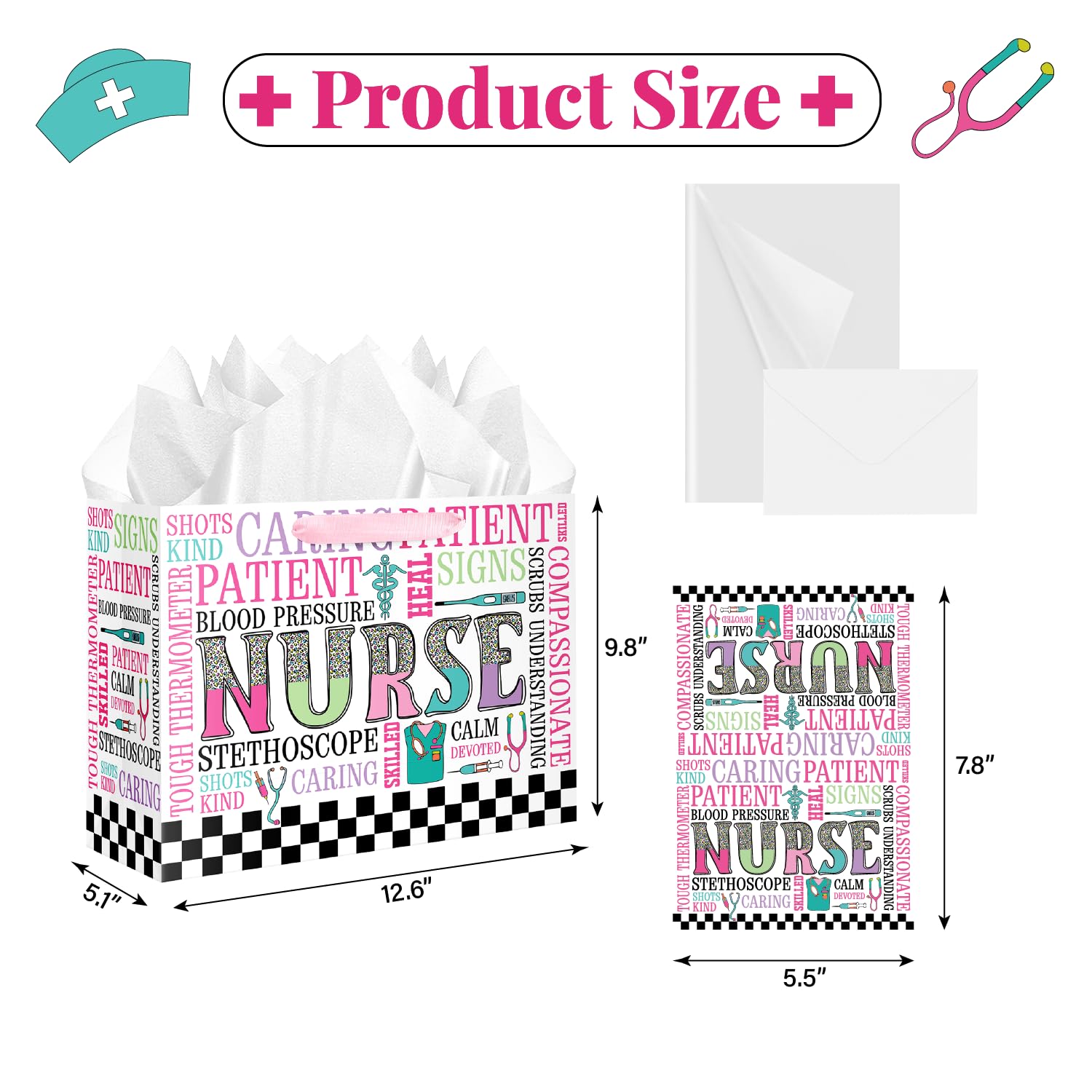 JWSCYSY Nurse Graduation Gift Bag with Card and Tissue Paper, Large Nurse Gift Bag for Nurses Day, Medical School Graduates Healthcare Workers.