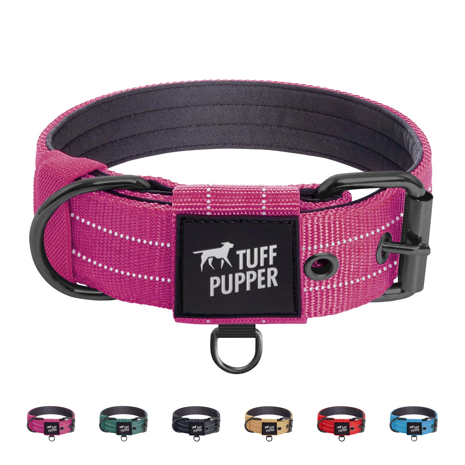 Tuff Pupper Heavy Duty Tactical Dog Collar | 1.5" Wide Ballistic Nylon | Reflective Stitching | Integrated ID Tag Holder | Stainless Steel Buckle | Padded Lining | Medium &amp; Large Dogs (Pink, Medium)