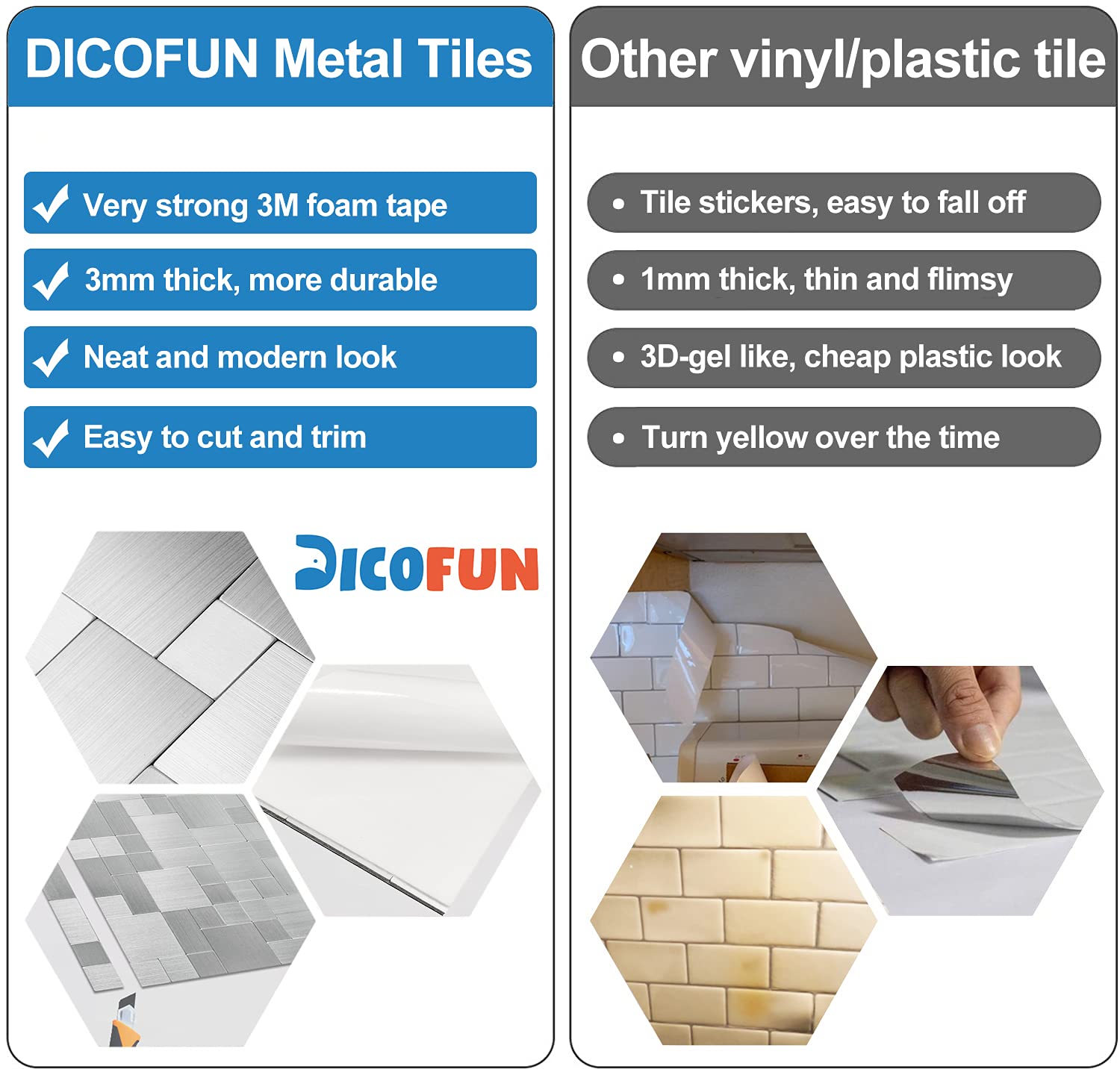 DICOFUN 10Sheet Peel and Stick Tile Backsplash, Stainless Steel