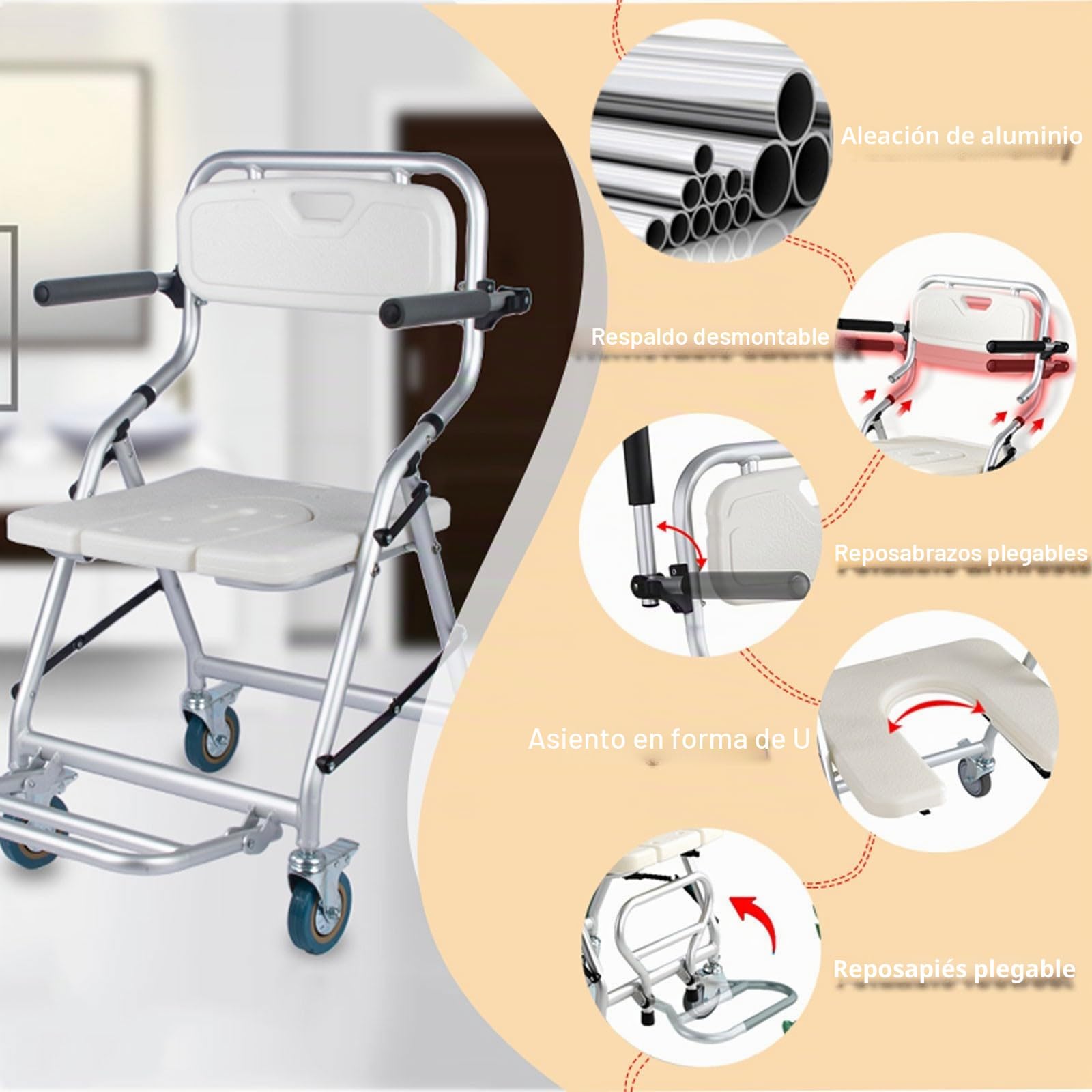 Silla de Ducha para Personas Mayores, Silla de Ducha con Ruedas Plegable