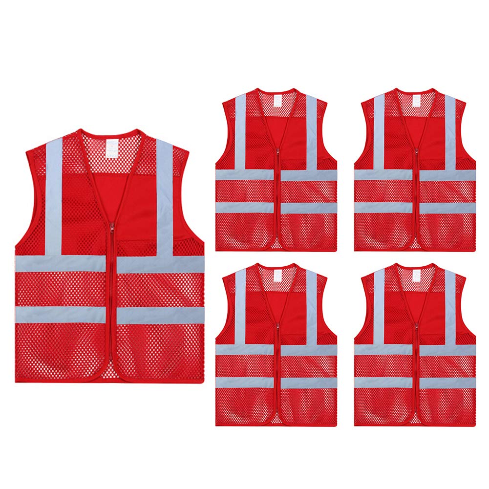 TOPTIE Paquete de 5 chalecos de seguridad transpirables frontales con cremallera de alta visibilidad unisex al por mayor, chaleco de actividad de voluntariado de malla