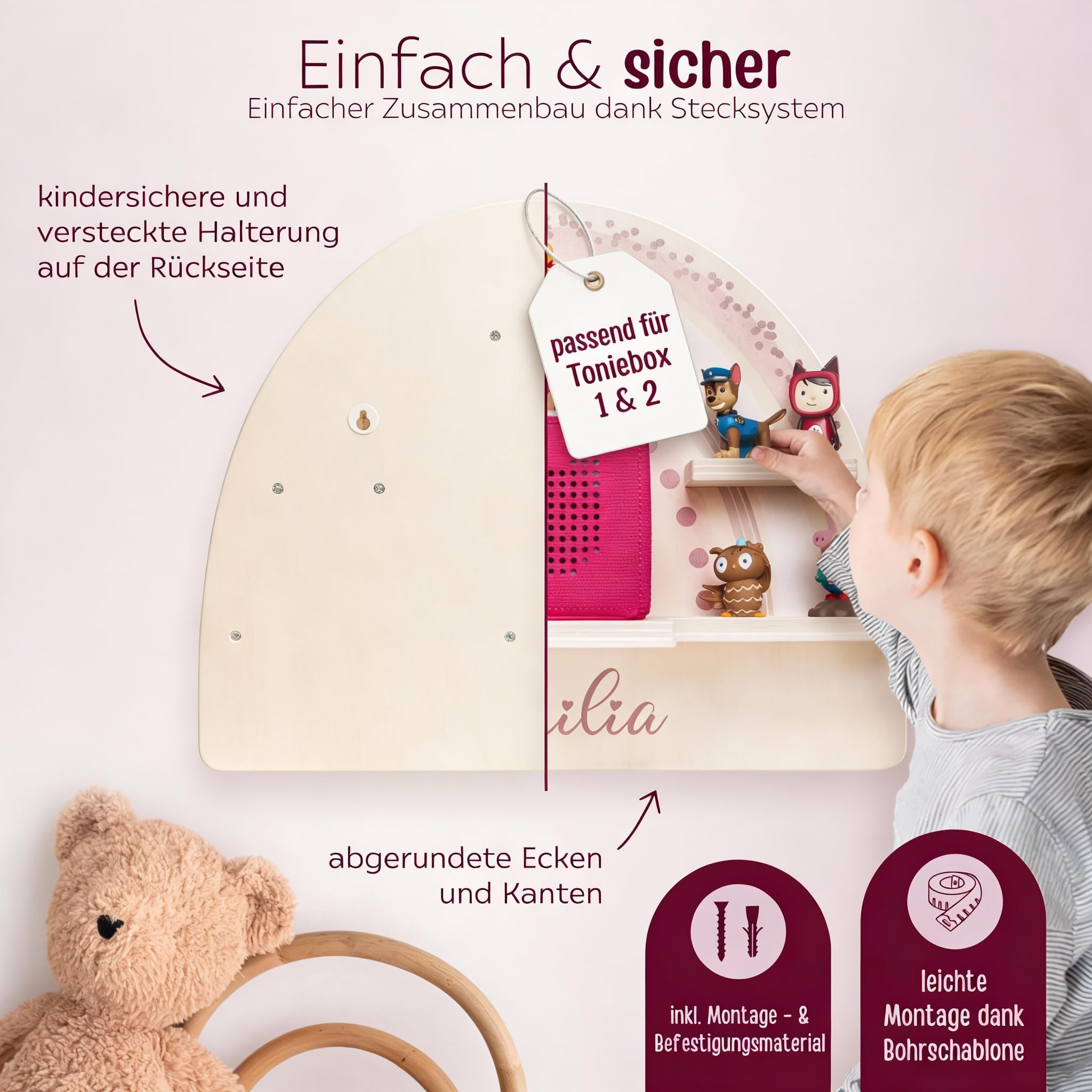 Bärenfreunde personalisiertes Tonie Regal für Kinderzimmer - Magnetisches Toniebox Regal für Toniebox1 & 2 Plus Figuren mit abgerundeten Ecken & Kanten (Regenbogen Blumen)
