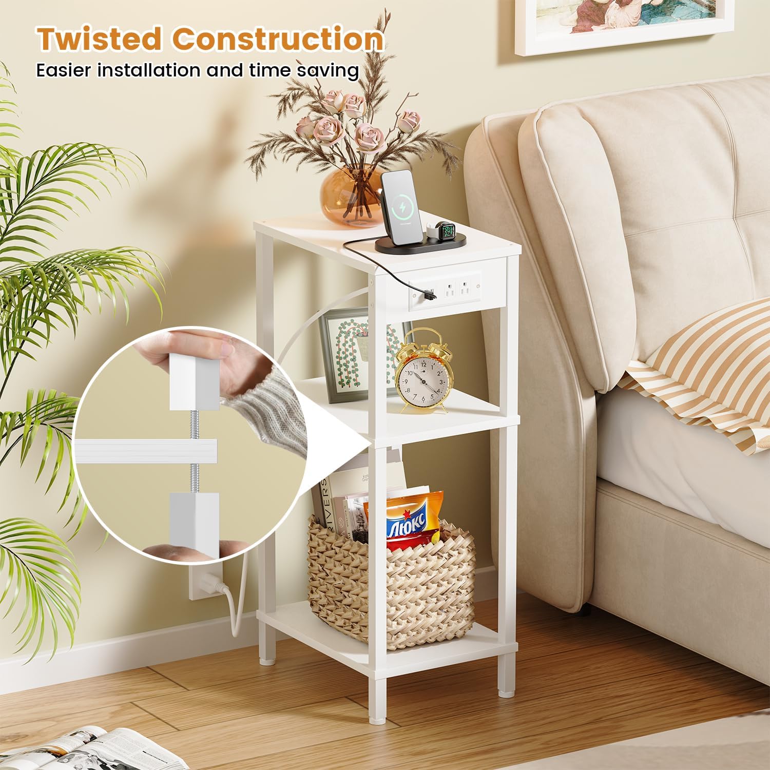 Tall End Table with Charging Station and USB Ports, 3 Tier Narrow Tall Bedside Table with Storage, Slim Nightstand with Outlets for Bedroom, Living Room, Nursery, Office, White