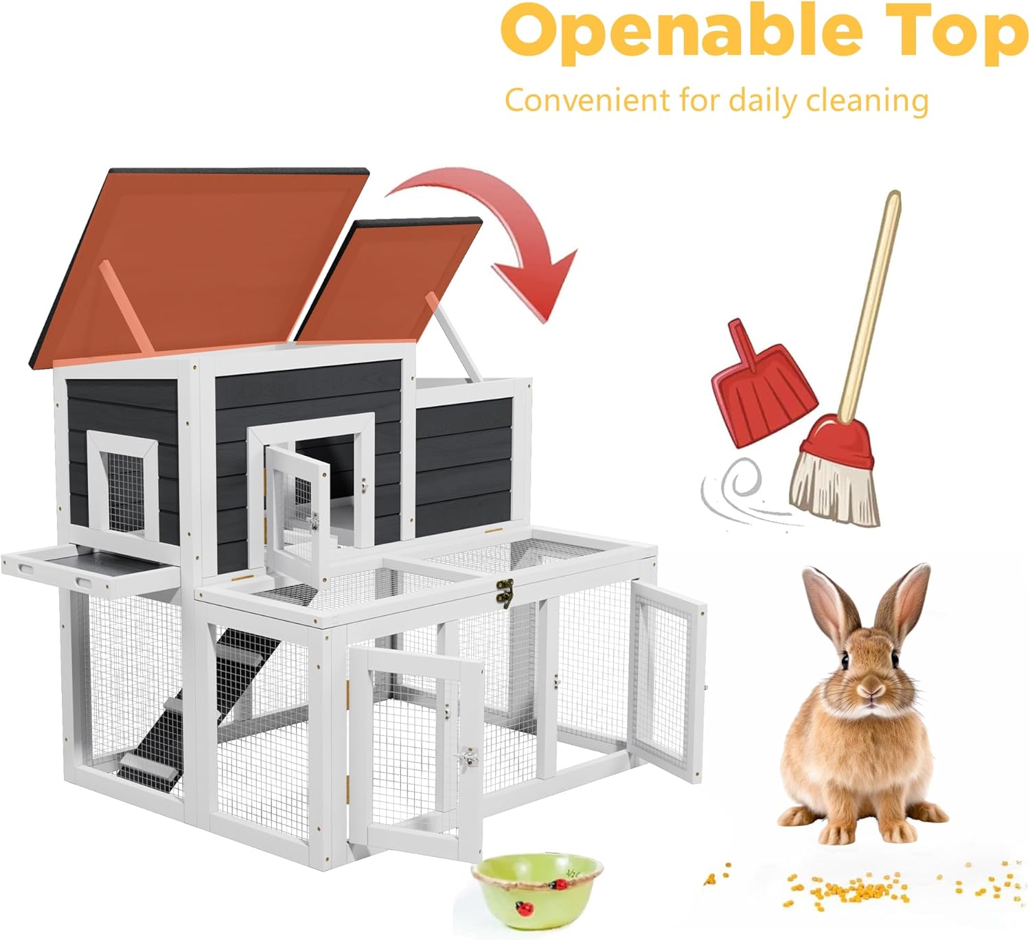 37.8" L Rabbit Hutch Outdoor,UV-Proof Home for Chickens, Ducks,Bunnies & Guinea Pigs，2-Story Pet House Indoor Bunny Hideout with Ventilation Door，Weatherproof Asphalt Roof for Garden Backyard (Grey)
