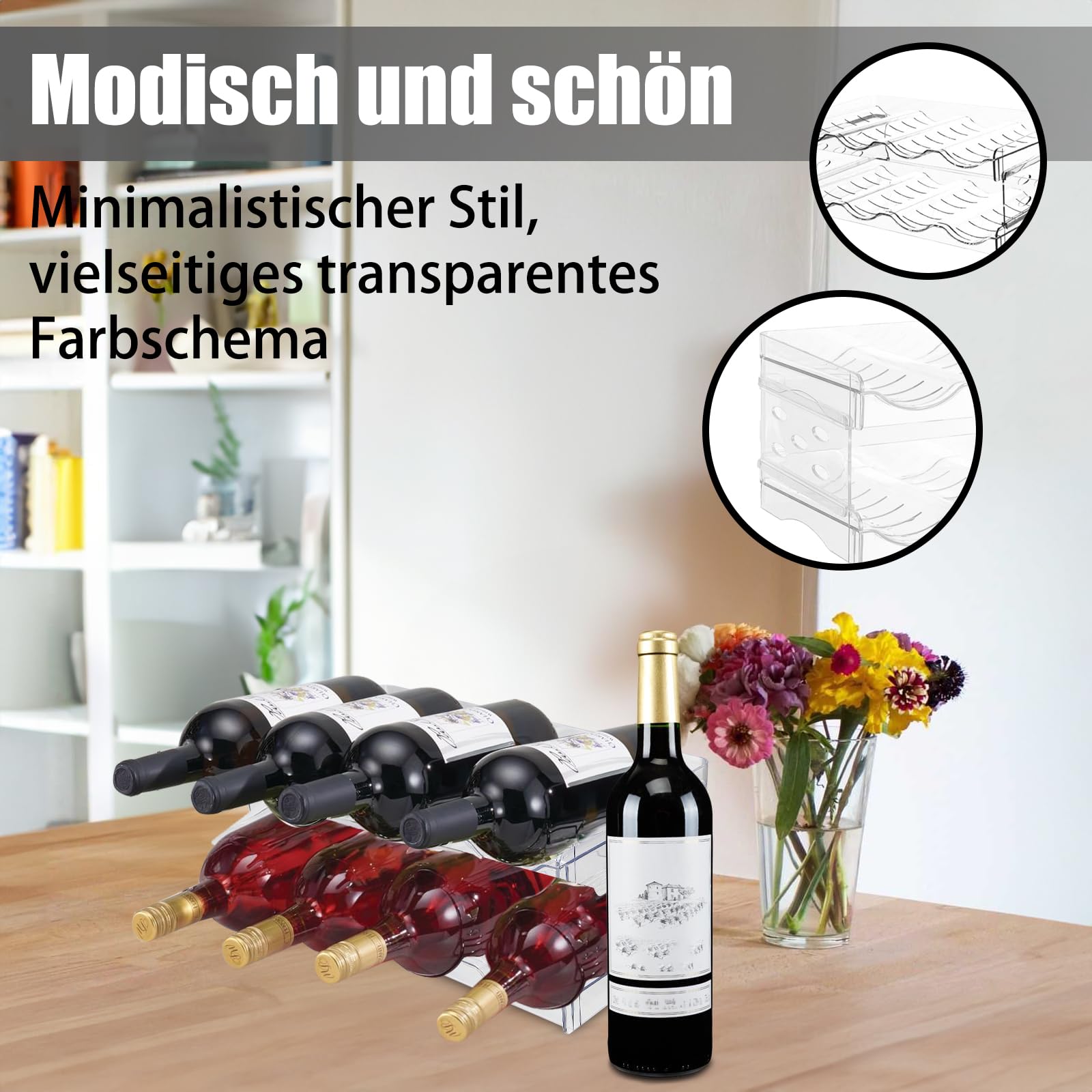 Flaschenregal Stapelbarer, Stapelbares Weinflaschenregal, Flaschenhalter aus Kunststoff, Weinregal Hält bis zu 8 Flaschen, Flaschen Organizer, Geeignet für Küche, Büro, Kühlschrank, Transparent