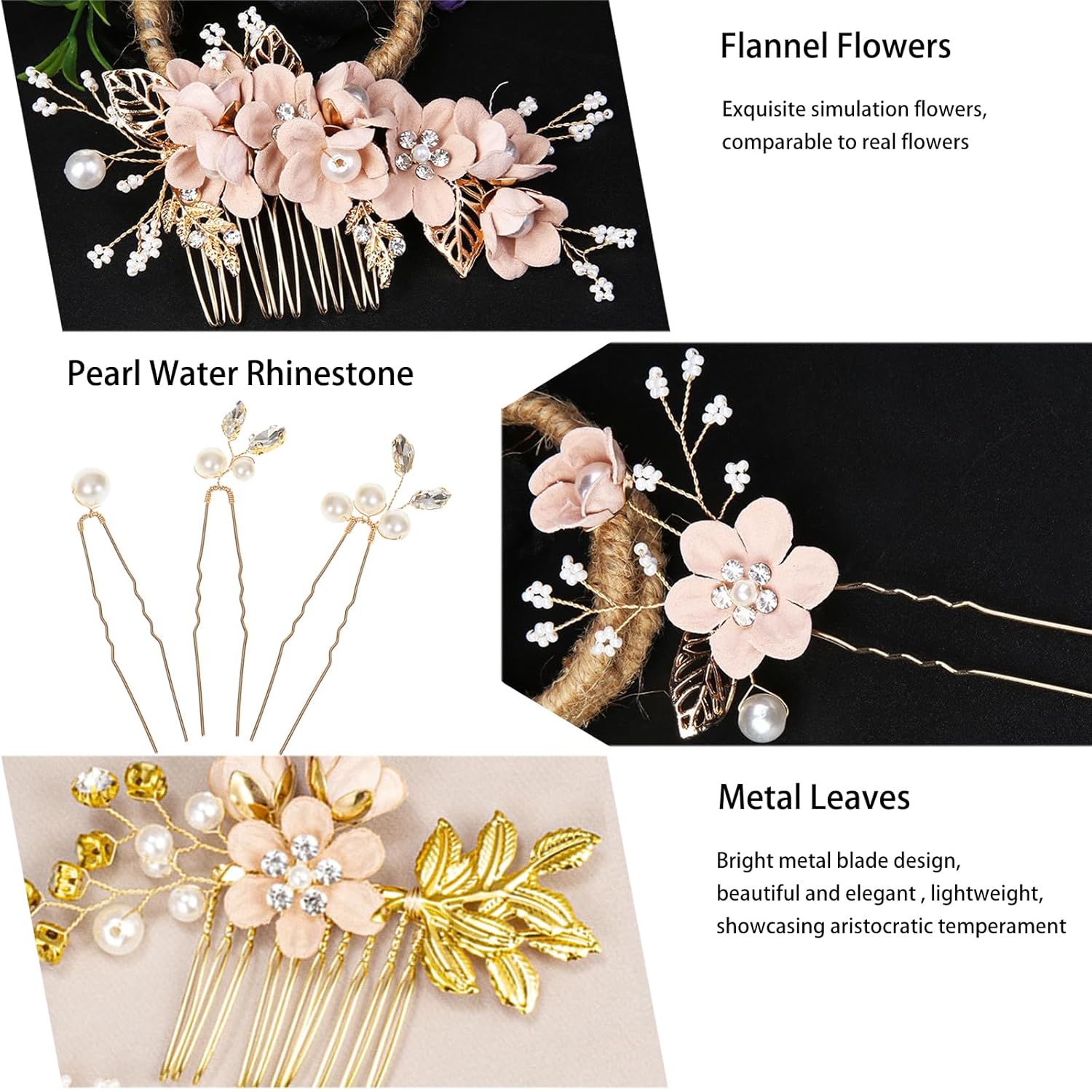 Floral Hair Comb Set for Women - 10PCS Bridesmaid Hair Accessories with Pink Flower Hairs Pins, Victorian Hair Clips for Wedding, Prom, Mother of Bride, Flower Girl (Rose Gold, Fake Flowers) - Image 2