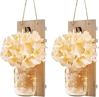 Wall Sconce Decor 2pcs, Mason Jar Wall Sconce Farmhouse Home Decor with 6.5FT LED Fairy Lights Flowers, Modern Art Living Room Bedroom Bathroom Decorative Hanging Yellow