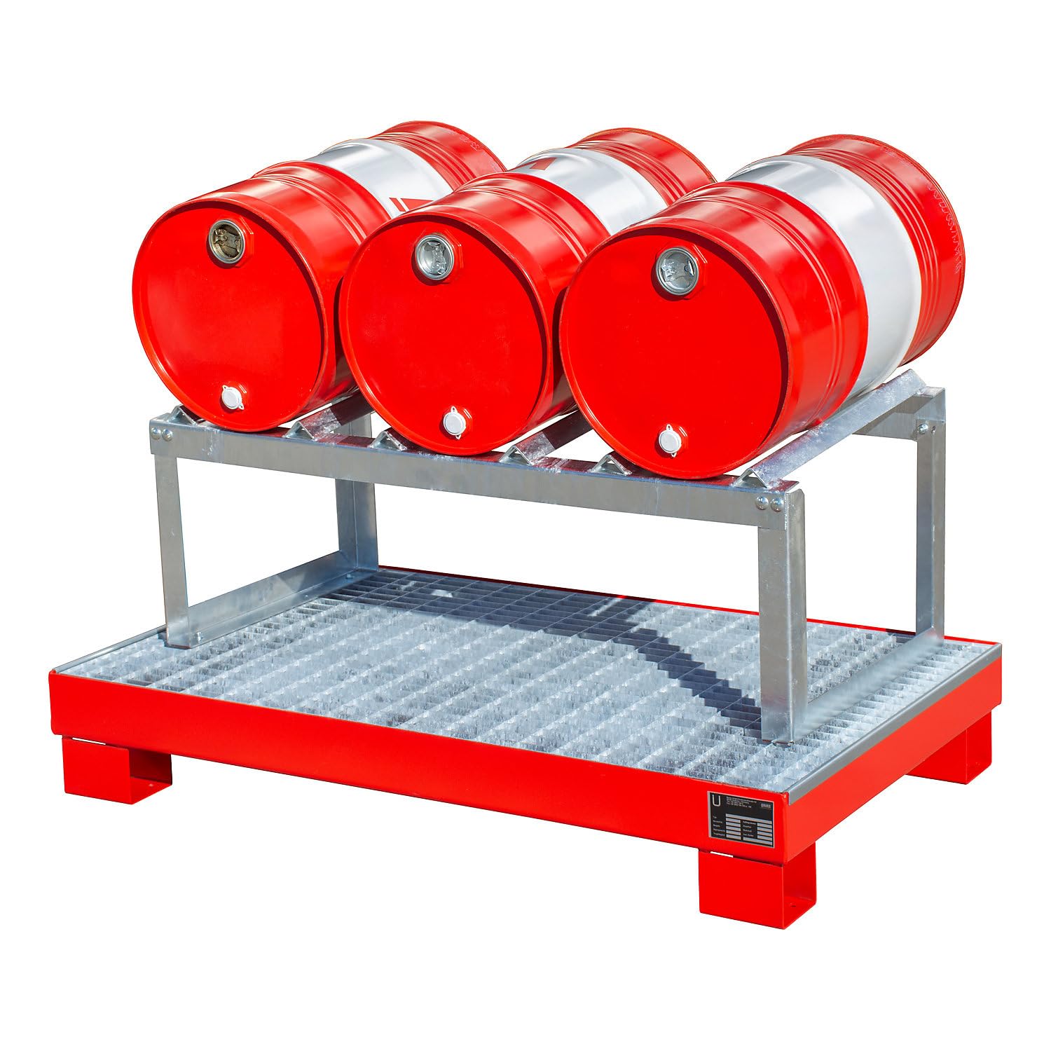 eurokraft | Stahl-Auffangwanne | LxBxH 800 x 1300 x 205 mm | lackiert rot RAL 3000 | mit Gitterrost