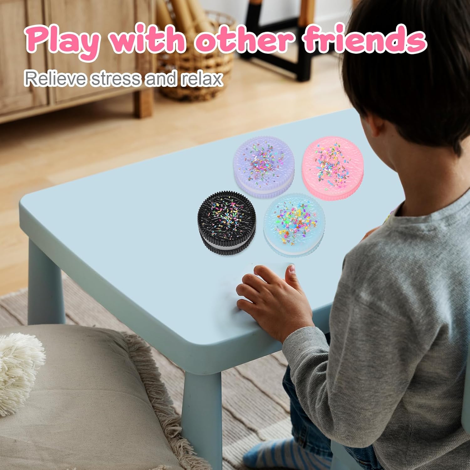 4pcs Handmade Soft Cookie Squishy Silicone Stress Relief Squishy Toy Pink Cookie Dessert Kawaii Squishies Fidget Toy Stress Relieving Fur Ball OPP Packaging Gifts (4pcs)