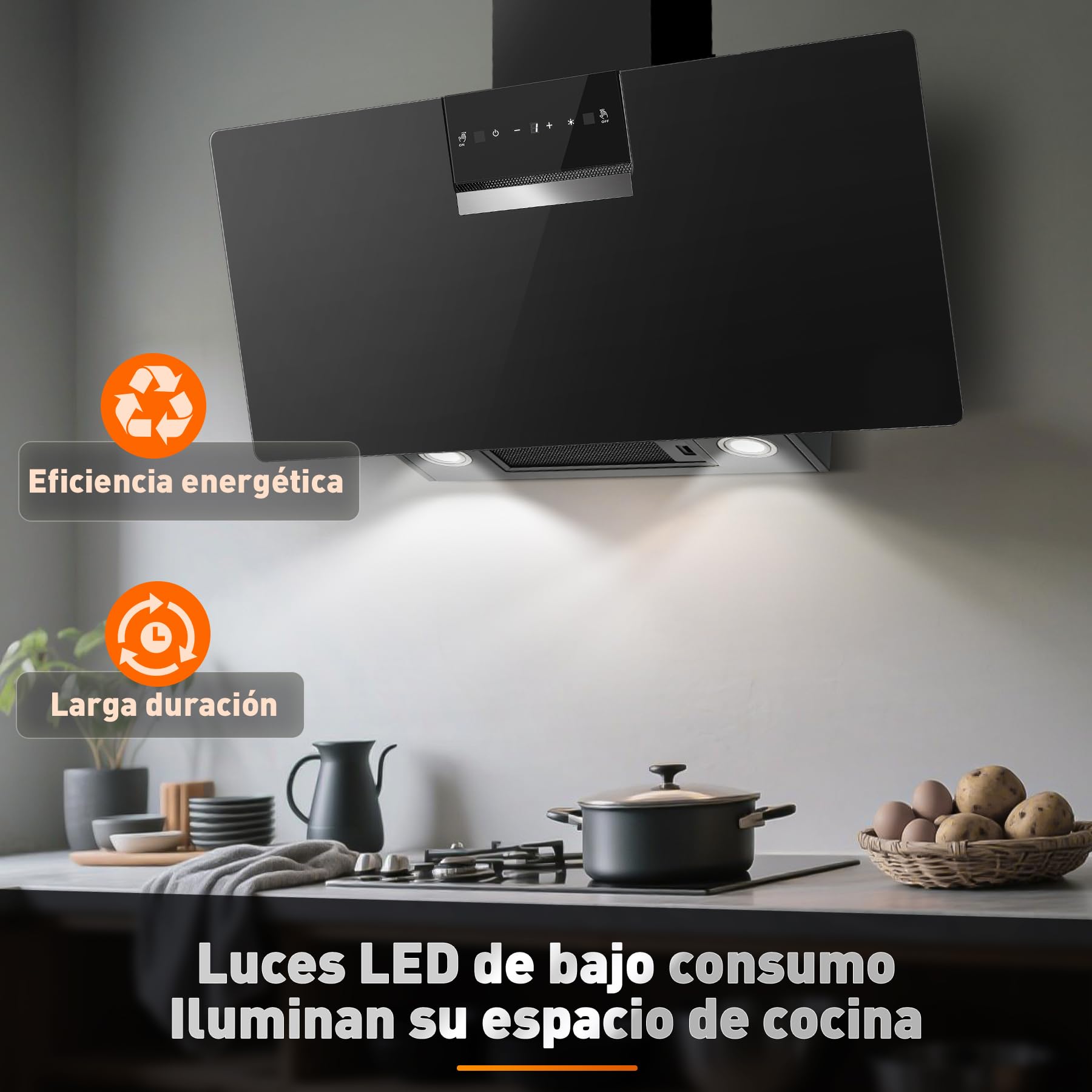 SNDOAS Campana Extractora 90 cm, 800 m³/h, Clase Energética A+++, 3 Velocidades + Modo Turbo, Panel Táctil, Gesture Control, Filtro de Carbono Activado, Recirculación/Extracción, Negro