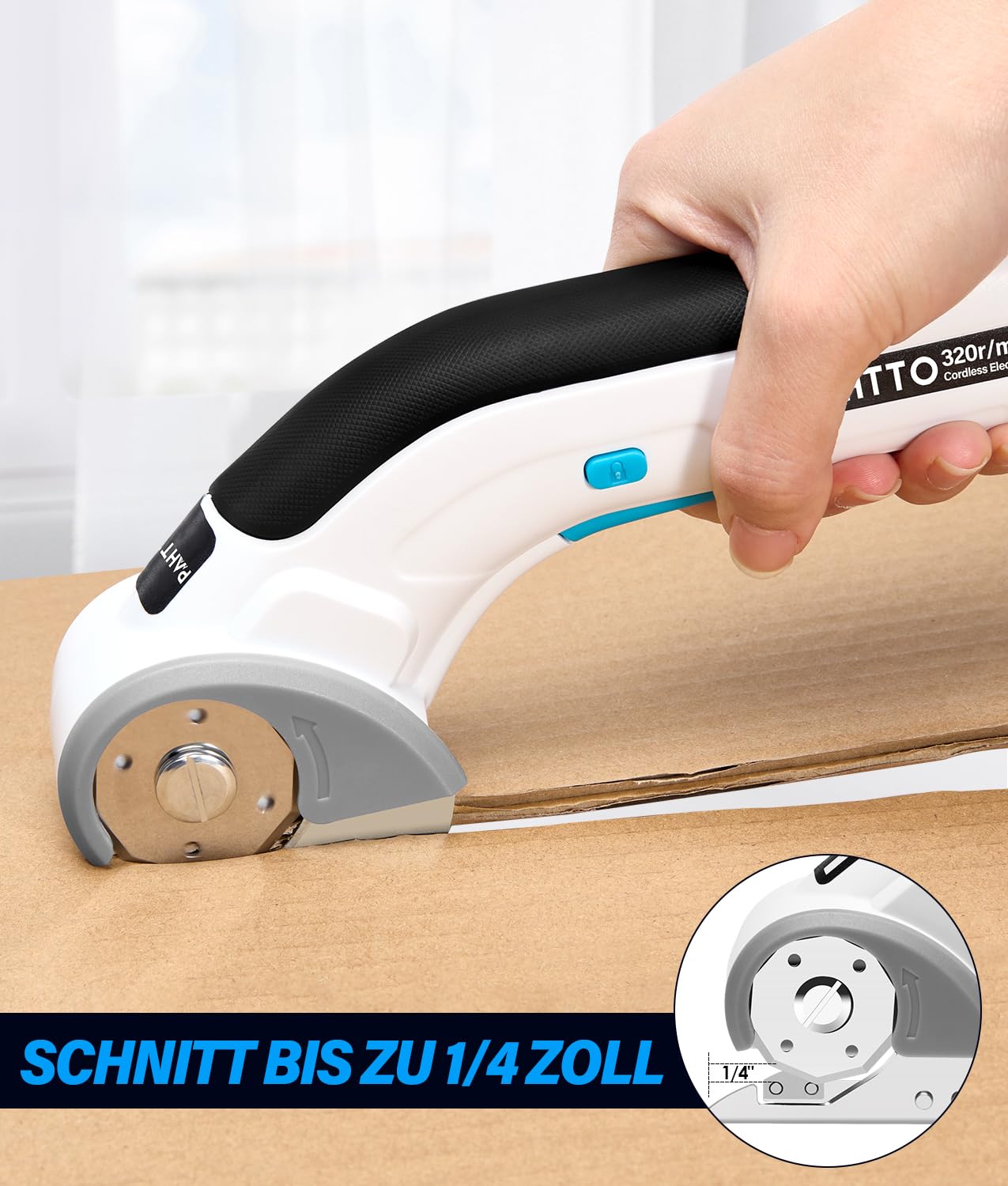 PAHTTO Kartonschneider elektrische Schere 4V 320 U/min, kabelloser Rollschneider Universalschneider akku mit Sicherheitssperre, 2 selbstschärfenden Klingen, für Karton Pappe Teppich Leder Filz Stoff