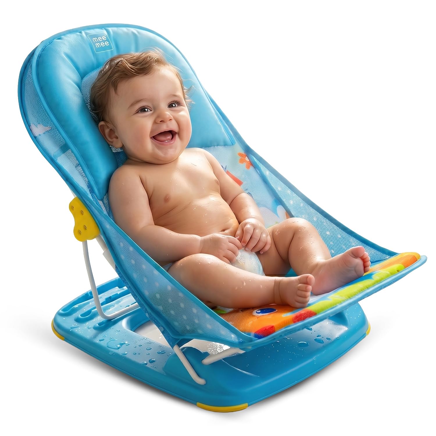 Mee Mee Newborn Baby Bather | Bath Chair for Newborns and Infants 0-12 Months | Foldable | 3 Position Adjustable chair | Anti Skid Base | Washable Soft Mesh Seat | for Babies Upto 5Kg (Blue)-image-48