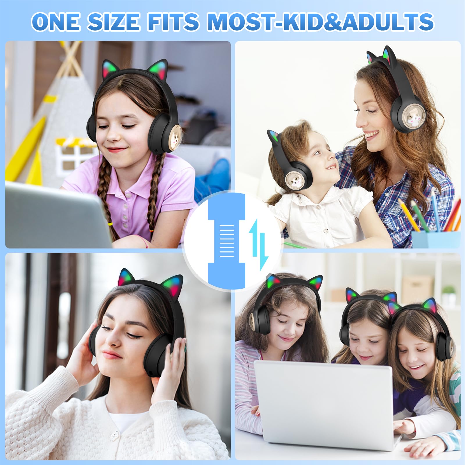 Auriculares inalámbricos para niños, Auriculares Cat Ear con Luces LED para niños/niños/niñas/niños de 3 años en adelante, Auriculares Bluetooth para niños Plegables con micrófono para Kindle