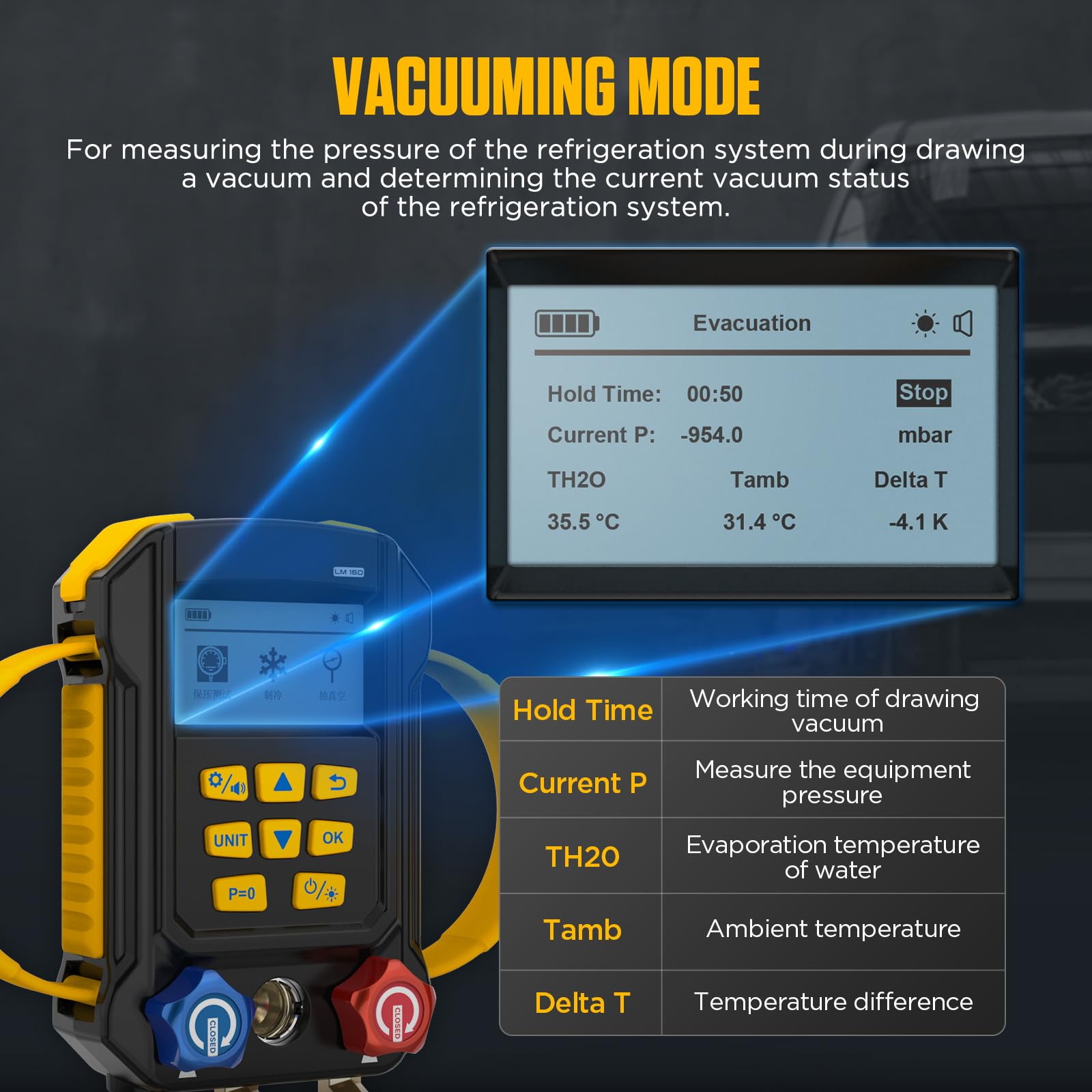 Set di manometro digitale HVAC con modalità di evacuazione, refrigerante e vuoto con 3 tubi, set di ricarica refrigerante HVAC 95, test di perdite di pressione, sistema di controllo programmato, varie