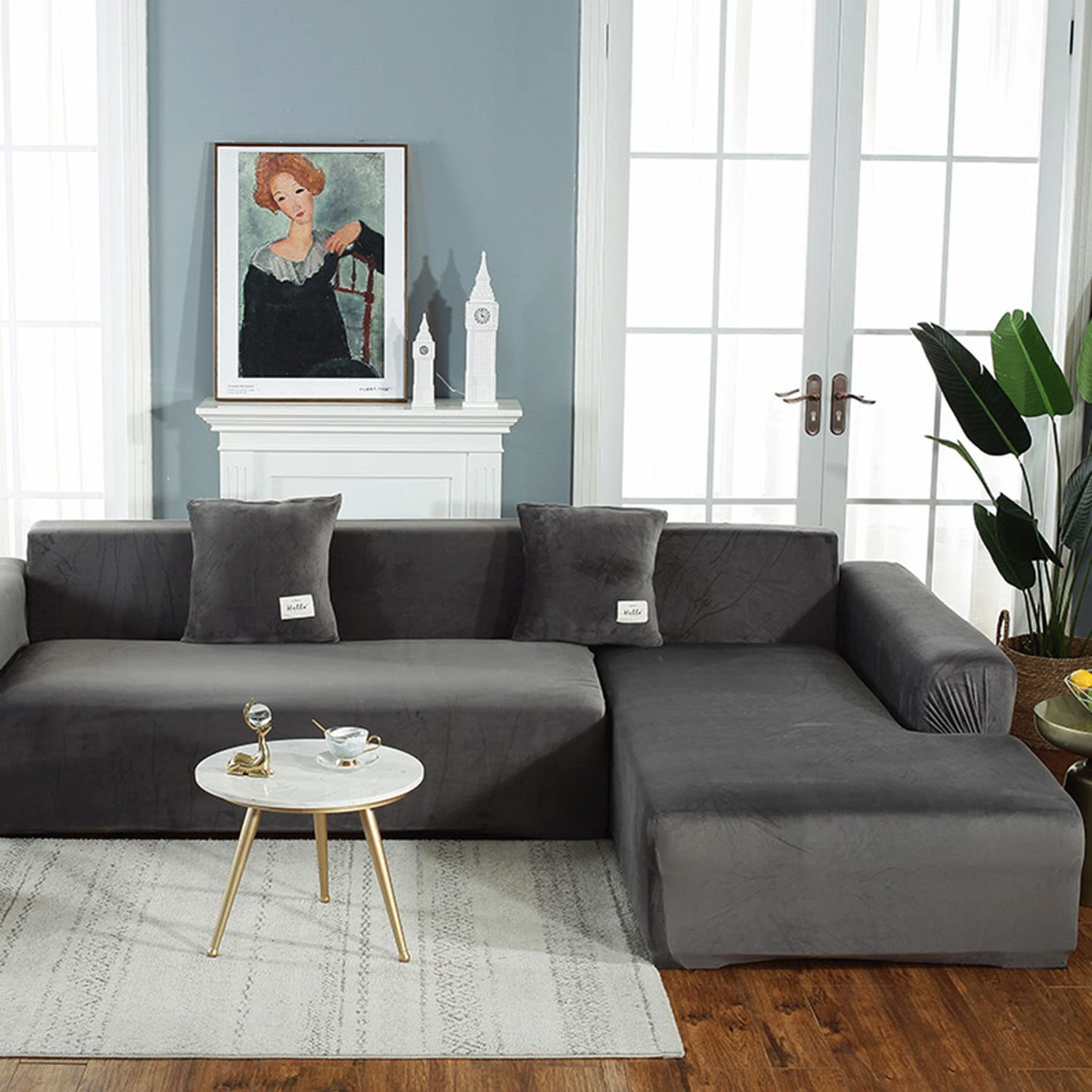 Housse canapé sectionnel en L extensible peluche gris pour rénover salon