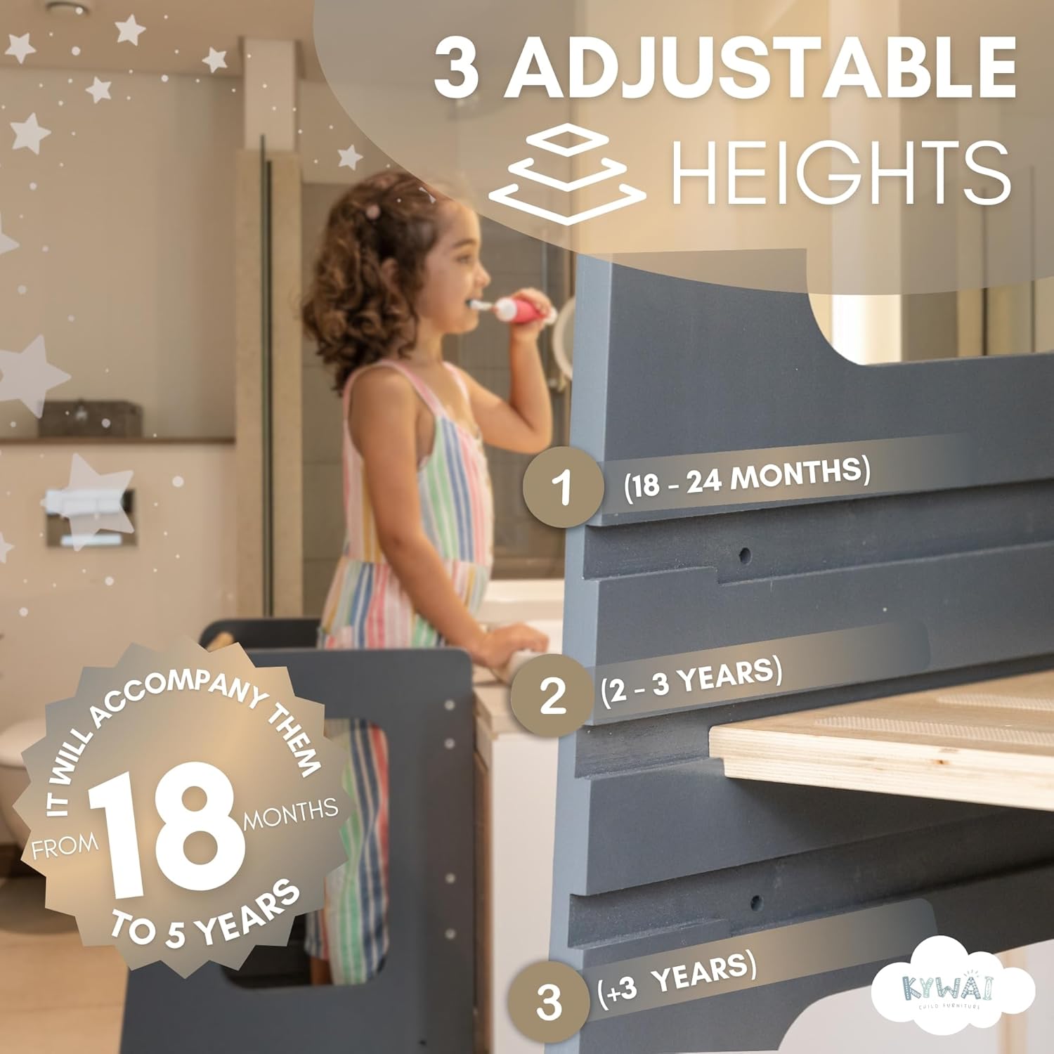 Toddler Tower for Kids, Adjustable Wooden Standing Tower & Kitchen Step Stool, Anti-Tip Montessori Tower with Removable Safety Rails & Non-Slip Steps - Sustainable Reclaimed Wood (Gray)