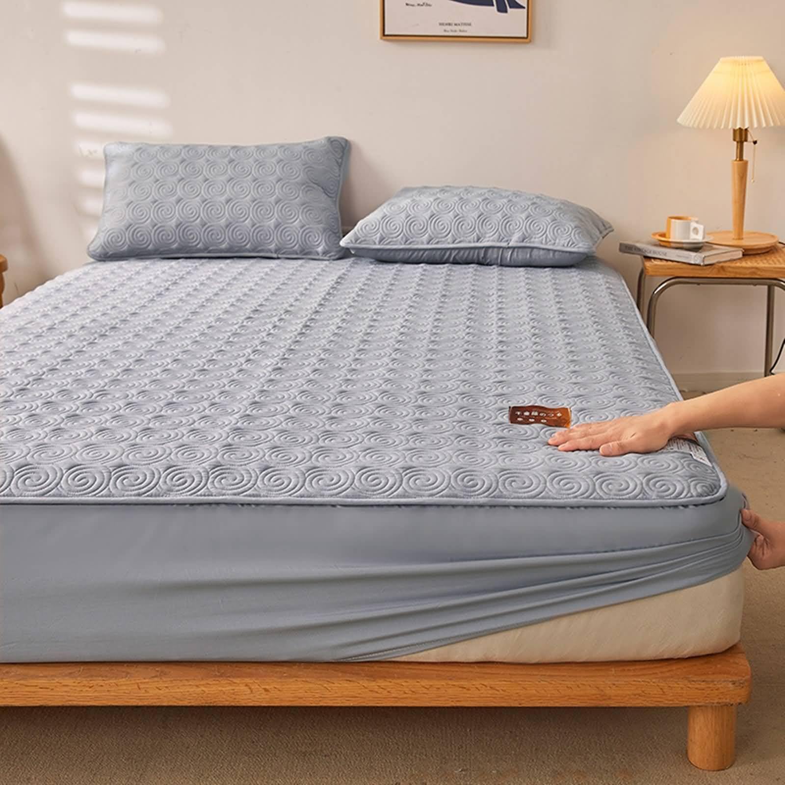 3-częściowy zestaw 3-częściowy prześcieradło z gumką z bawełny, jednolity kolor z geometrycznym wzorem, 180 x 220 cm + 2 poszewki na poduszki, prześcieradło z gumką na podwójne łóżko, szare