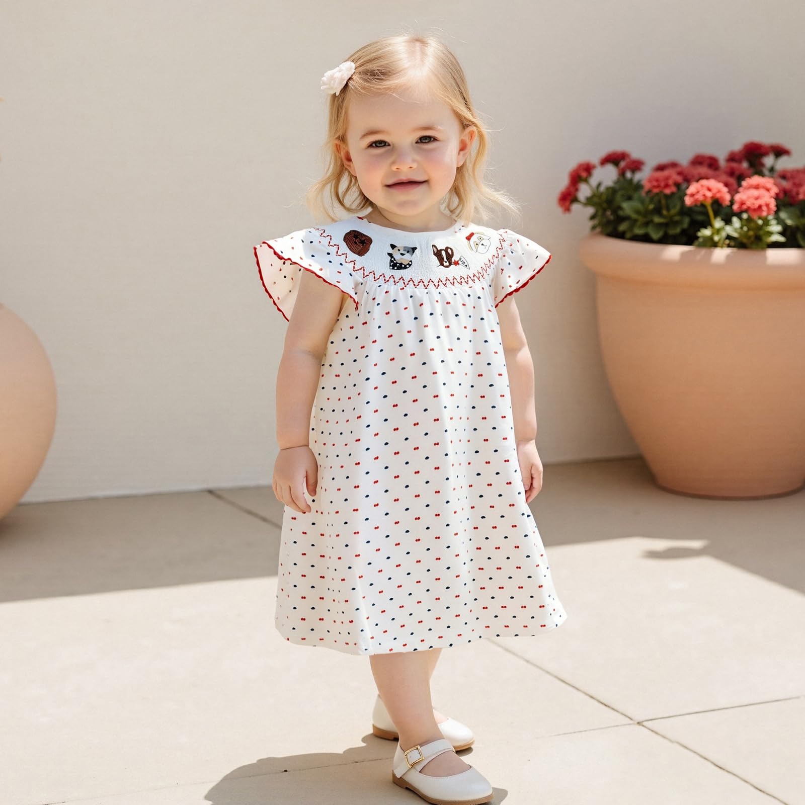 Toddler Girl 4th of July Outfits Fly Sleeve Dalmatian Embroidery Dot Print A-line Dress Kids Patriotic Clothes (White, 12-18 Months)