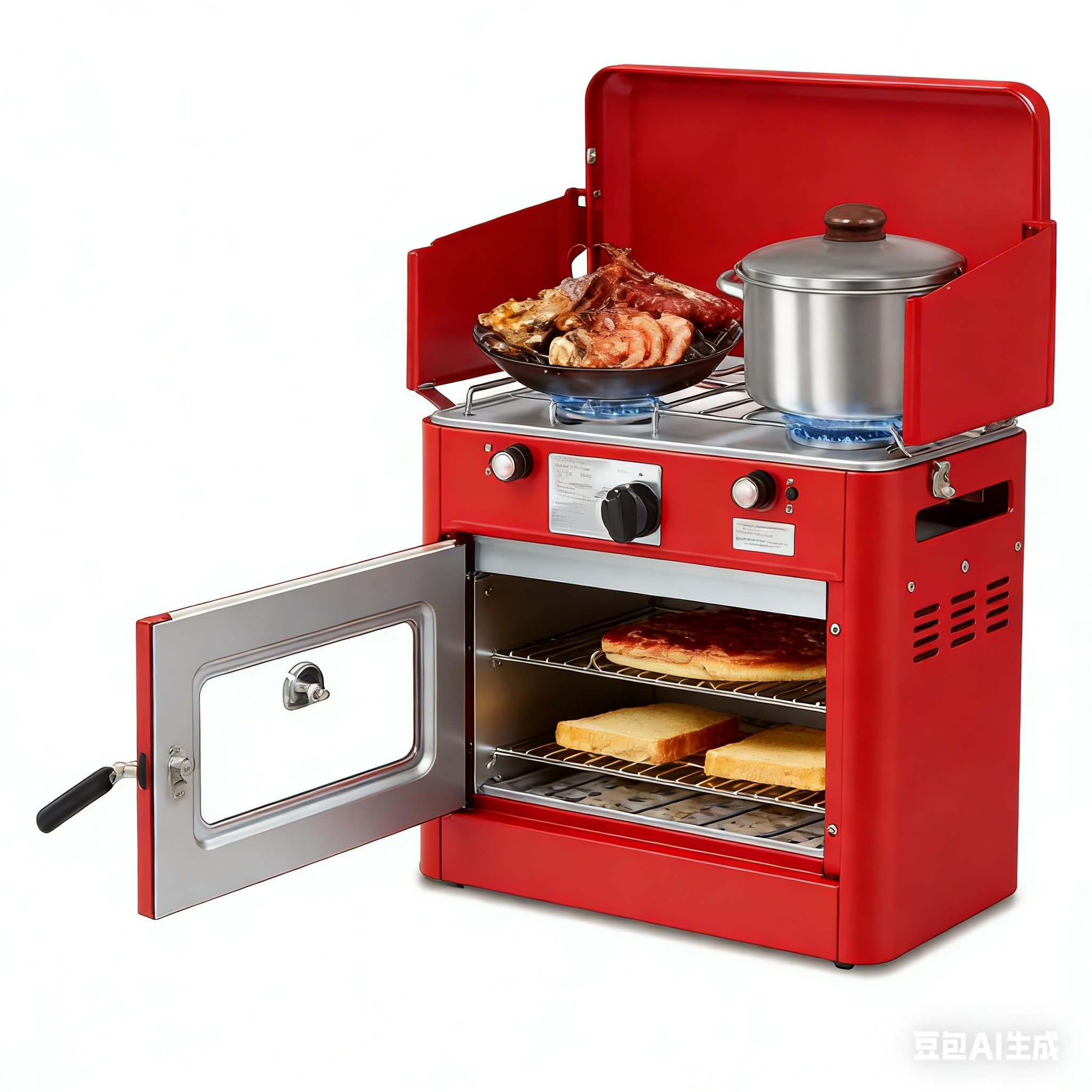 Bonnlo 2-in-1 Camping Oven & Gas Stove with 3-side Windscreen, Powerful 19,800 BTU Propane Oven with One-click Ignition, Portable Oven with Heat-resistant Coating & Thermometer for Outdoor Use, Red