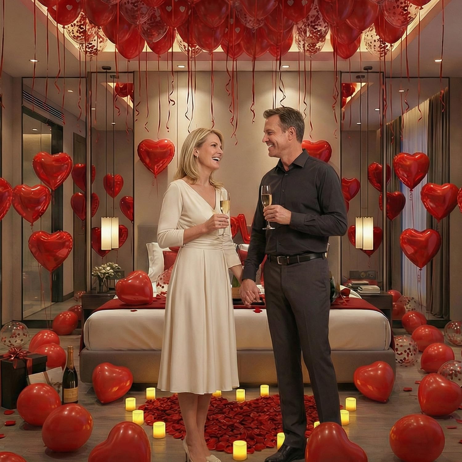 Decoraciones rojas para el día de San Valentín con velas LED de té