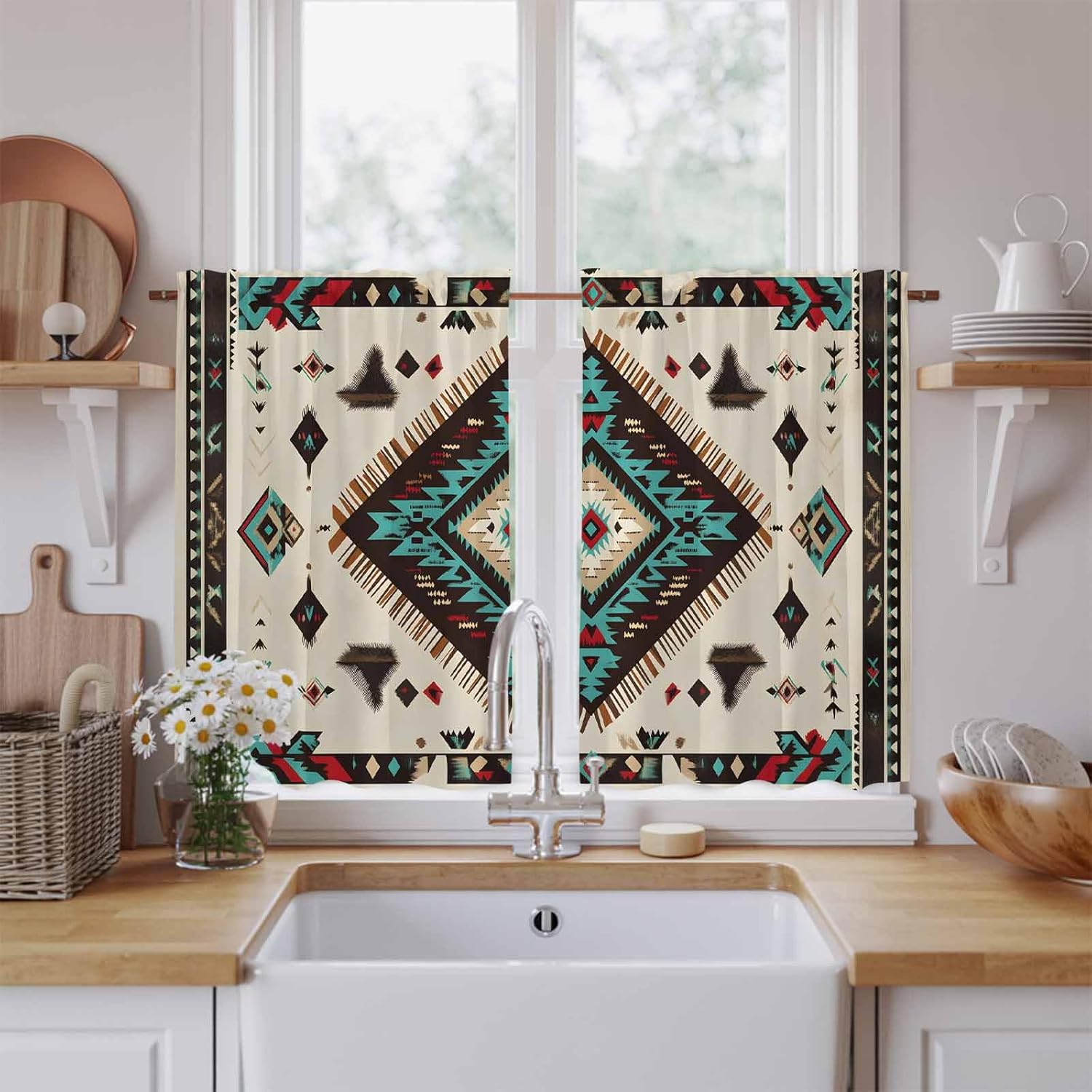 Red Teal Brown Southwestern Kitchen Tier Curtains 45 Inch Long 2 Panel Set,Rod Pocket Short Window Treatment,Ethnic Geometric Boho Retro Curtains & Drapes for Bathroom Basement 27.5"W x 45"L