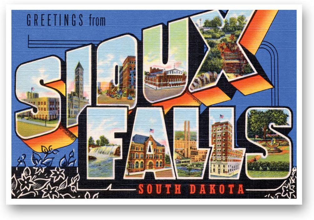Postcard FairGREETINGS FROM SIOUX FALLS, SD vintage reprint postcard set of 20 identical postcards. Large Letter Sioux Falls, South Dakota city name post card pack (ca. 1930's-1940's). Made in USA.