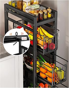 4-Tier Pull-Out Storage Organizer Rolling Utility Cart - Universal Metal Craft Shelf Trolley for Home Kitchen Bathroom Bedroom Office Classroom Laundry Cleaning Supplies Bar with Caster Wheels