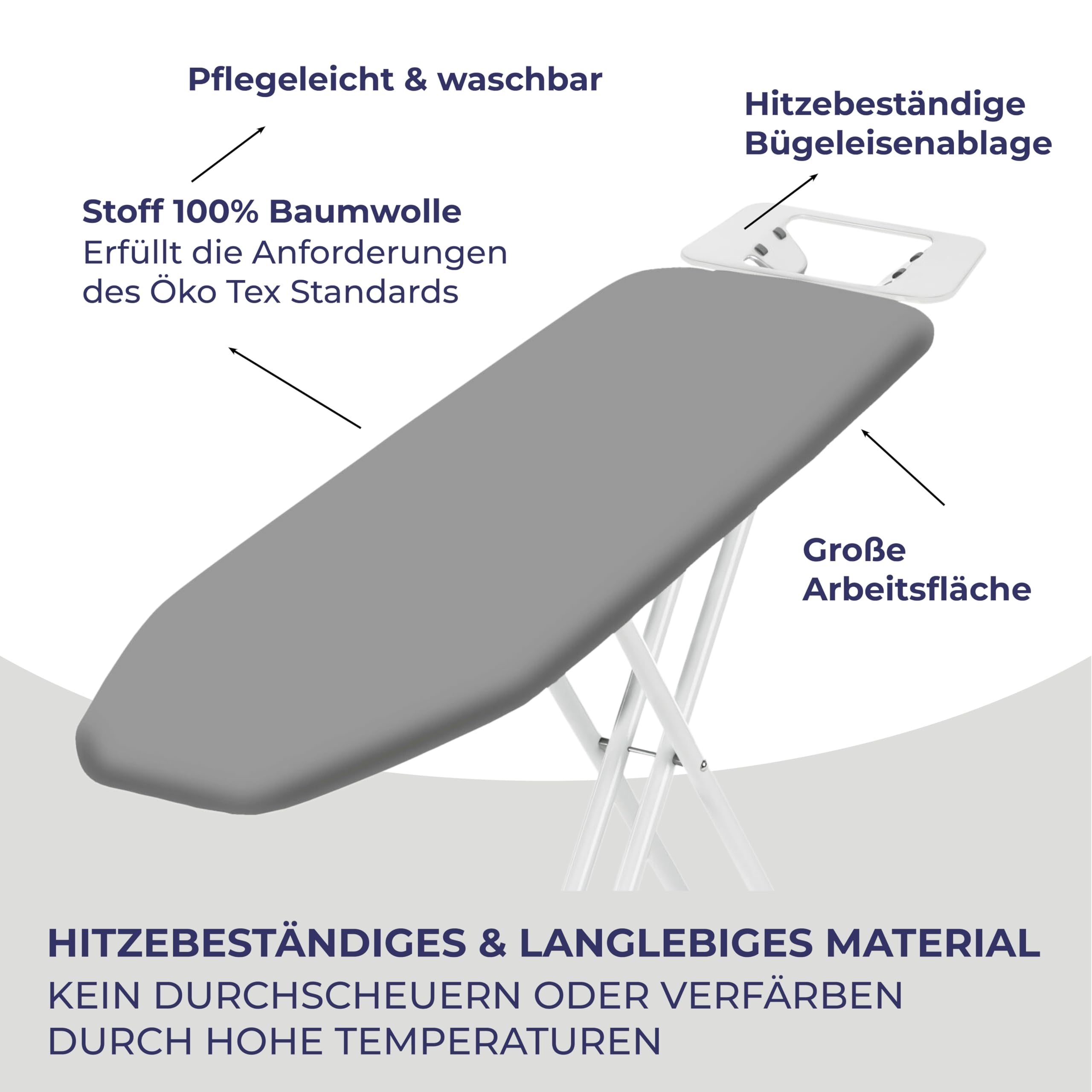 STAHLMANN ® Bügelbrett [114x34 Bügelfäche ] Grau mit rutschfesten Füßen – robuster Bügeltisch – extra stabiles Bügelbrett [Made IN EU] – Tischbügelbrett