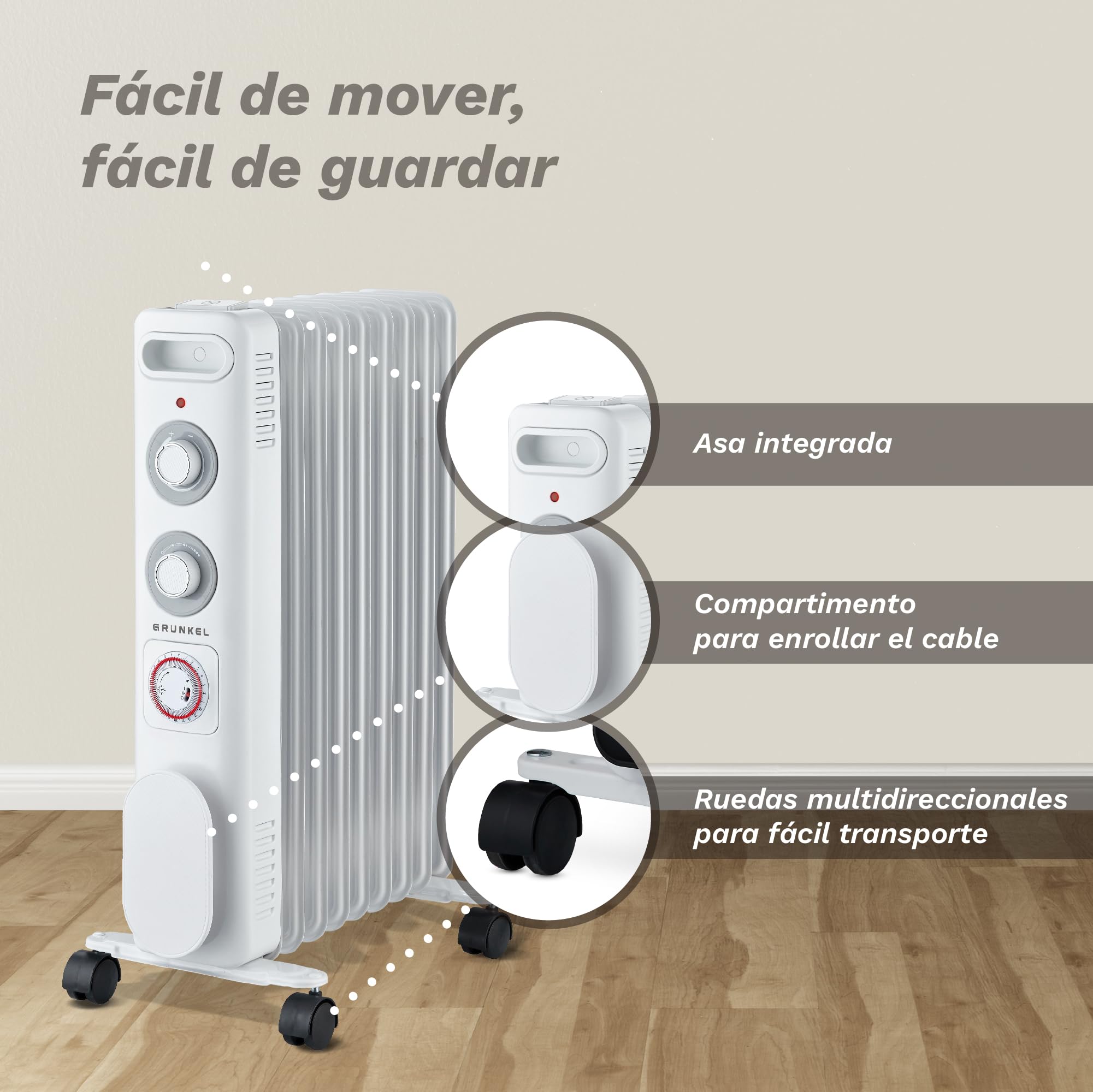 GRUNKEL RD-2000S Radiador de Aceite, 2000W-2500W, 9 Elementos, 3 Niveles de Potencia, Temporizador 24h, Termostato Regulable, Ruedas Multidireccionales