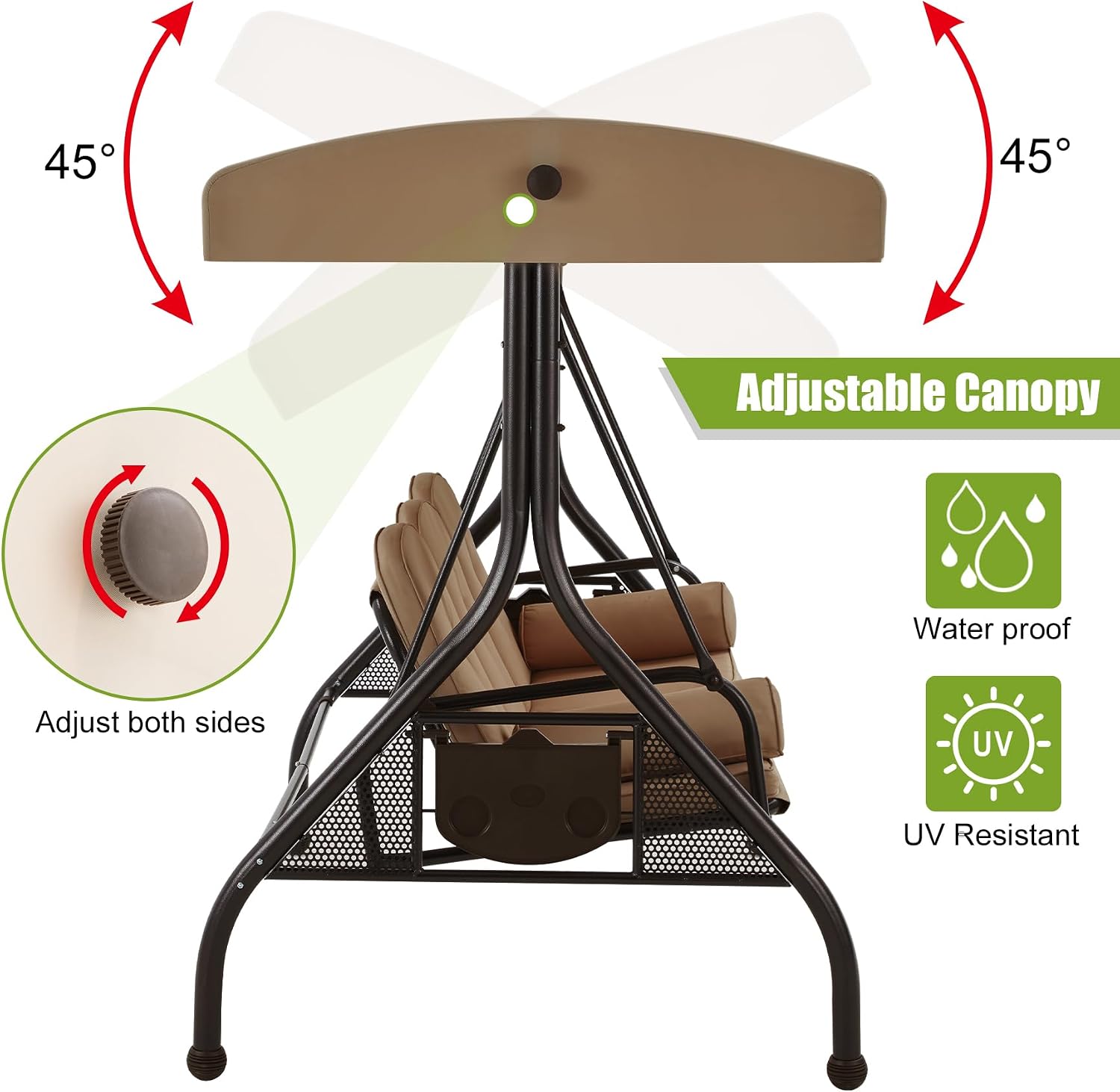 GYUTEI 3-Seat Outdoor Patio Swing with 1.5" Upgraded Cup Holder, Adjustable Backrest and Canopy, with Cushions and Pillows for Backyard, Brown, Metal Frame